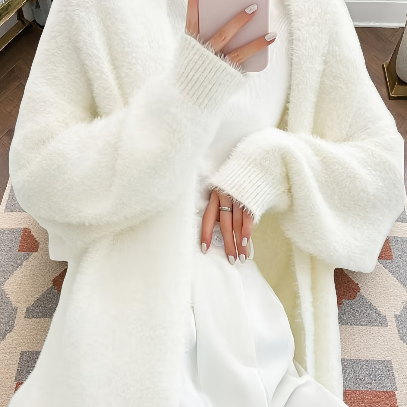 E-shop 2025 Winter Neue -Mink-Cardigan Übergroße Weite Lange Über-Knie-Dicke Weiße Strickjacke für Damen