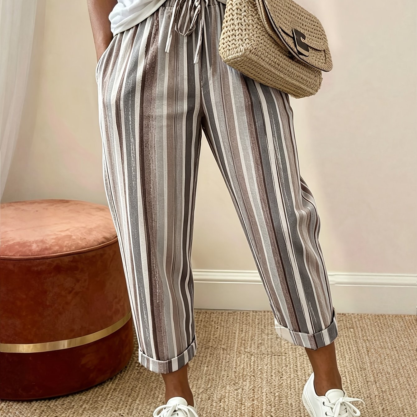 TEMU Striped Drawstring Elastic Waist 3/4 Length Casual Pants, Autumn Style