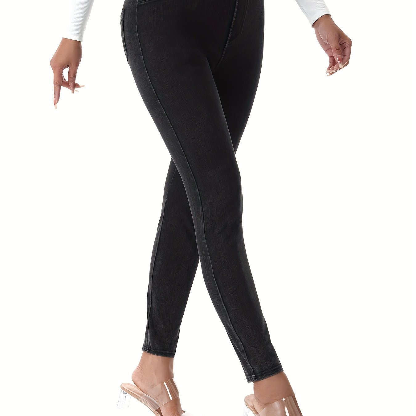Women's High-waist Elastic Band Pocket Leggings, Medium Support, Smooth Fabric, Stretch, Elegant Style, Solid Color, Essential Item For Women'