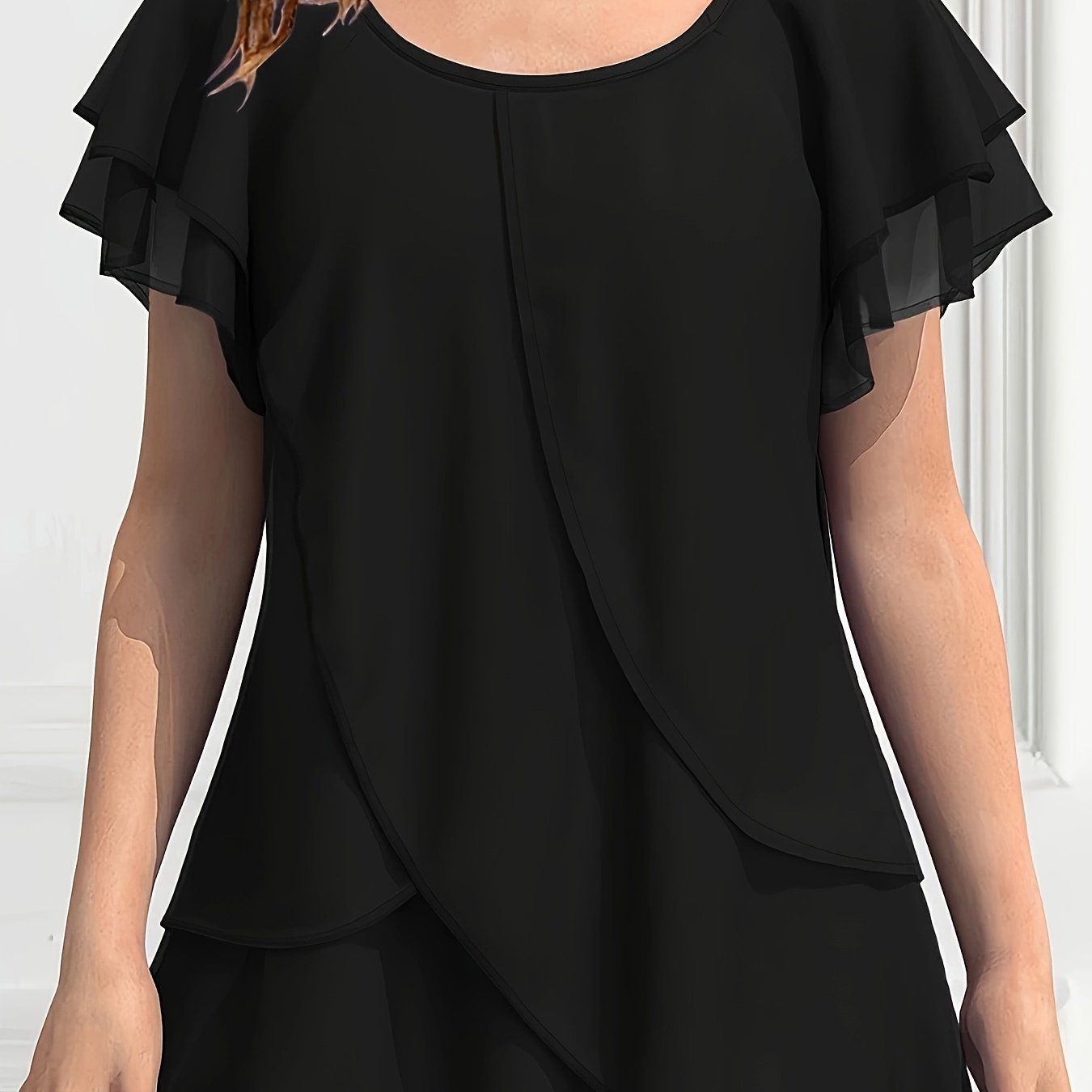 E-shop Optimierte SPU: 978316212 Damen Chiffon Bluse mit Rüschenärmeln, mehrlagigem asymmetrischem Saum Unifarben
