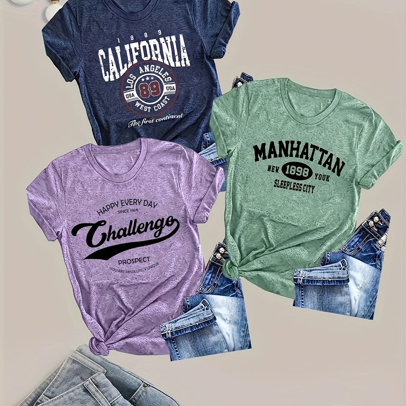 Image of Plus Size, 3pcs Printed Round Neck T-shirt, Casual Short Sleeve T-shirt For Spring/summer, Women's Clothing