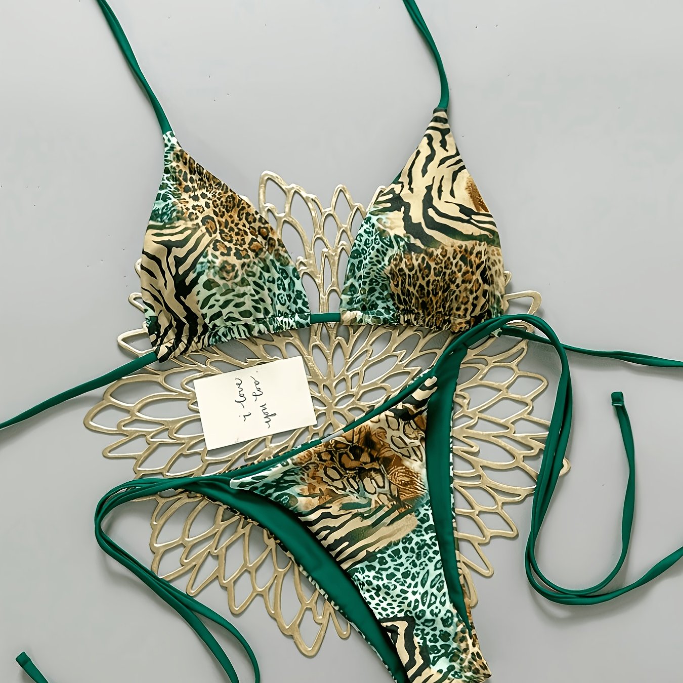 Boho Animal Print Triangle Bikini Set, Halter Neck Tie Side Thong Swimsuit For Beach Vacation