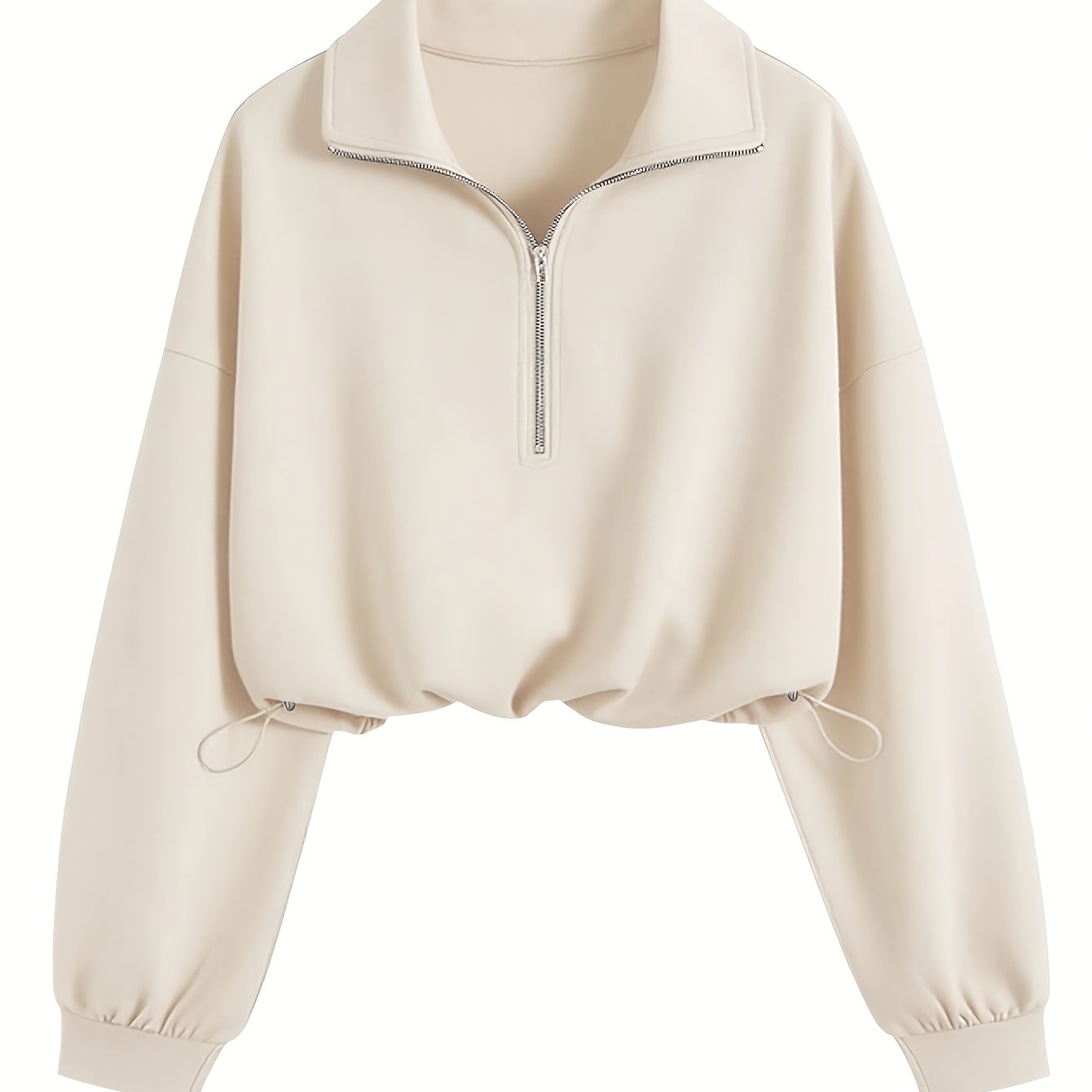 TEMU Women's Half-zip Cropped Sweatshirt, Lapel Long-sleeve Pullover Top With Drawstring Hem, Loose Fit Casual Top For Autumn/winter Daily Wear