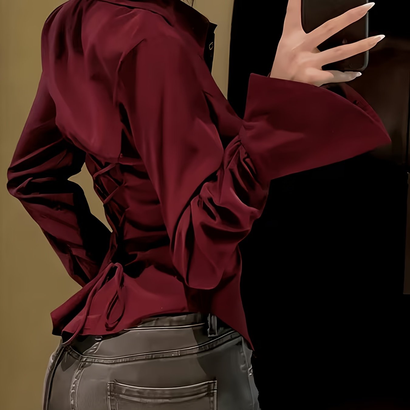 TEMU Elegant Special French Retro Solid Color Lapel Niche Design Flared Sleeve Back Tie Waist Shirt Spring Summer Versatile Temperament Top Suitable
