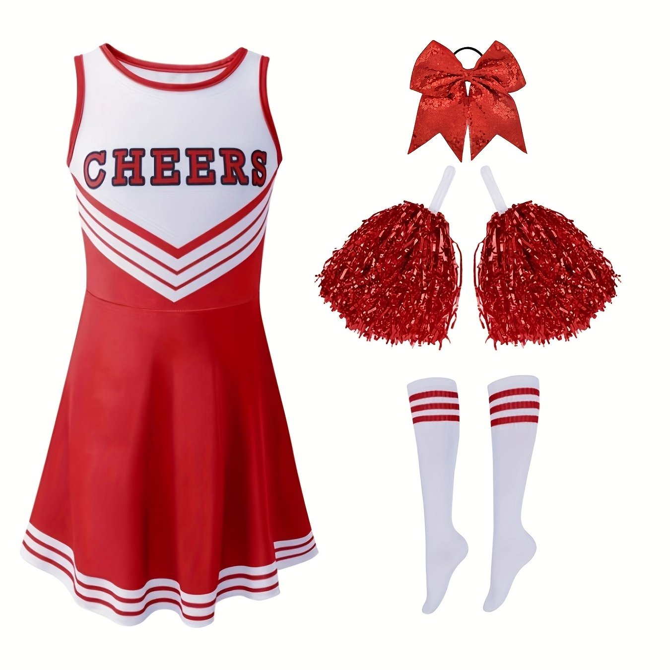 Image of Girls' Red Cheerleading Dress Set With Bow Scrunchie, Cheer Pompoms And Socks, Ideal For Party, Sports And Outdoor Performances
