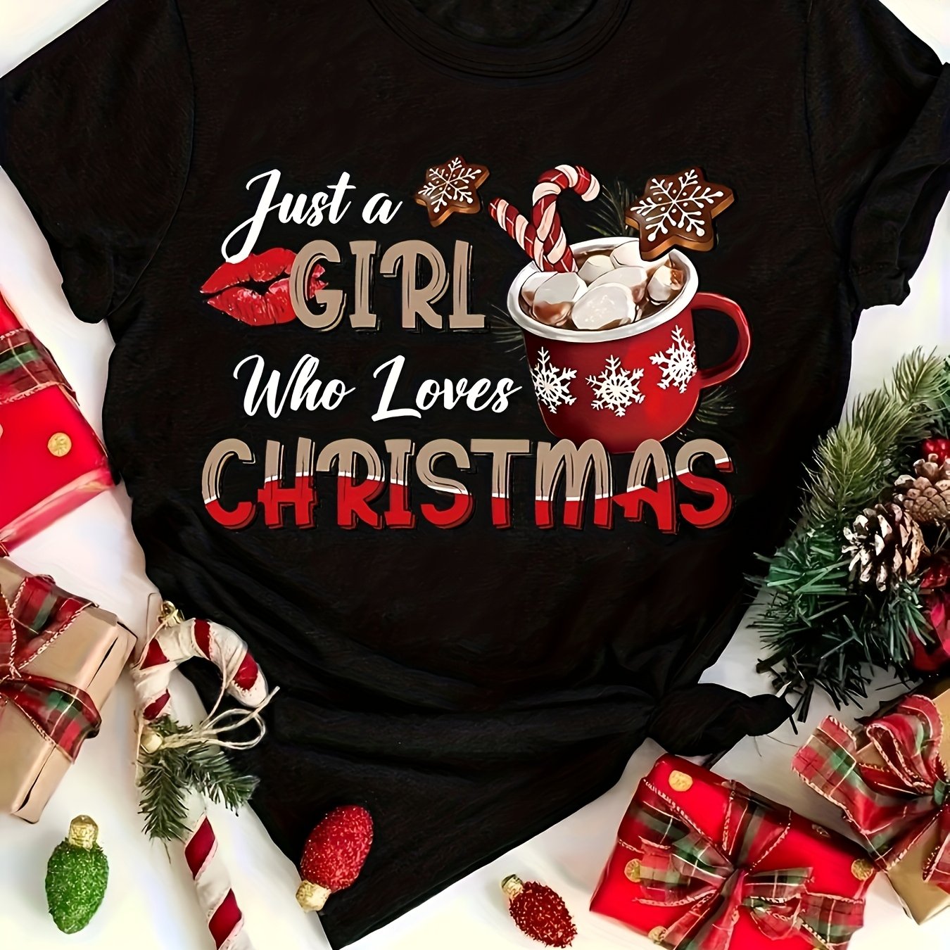 TEMU Women's Black Christmas T Shirt Compatible For With Red Just A Who Christmas Print & Snowflake Design Loose Fit Short Sleeve Round Neck Holiday