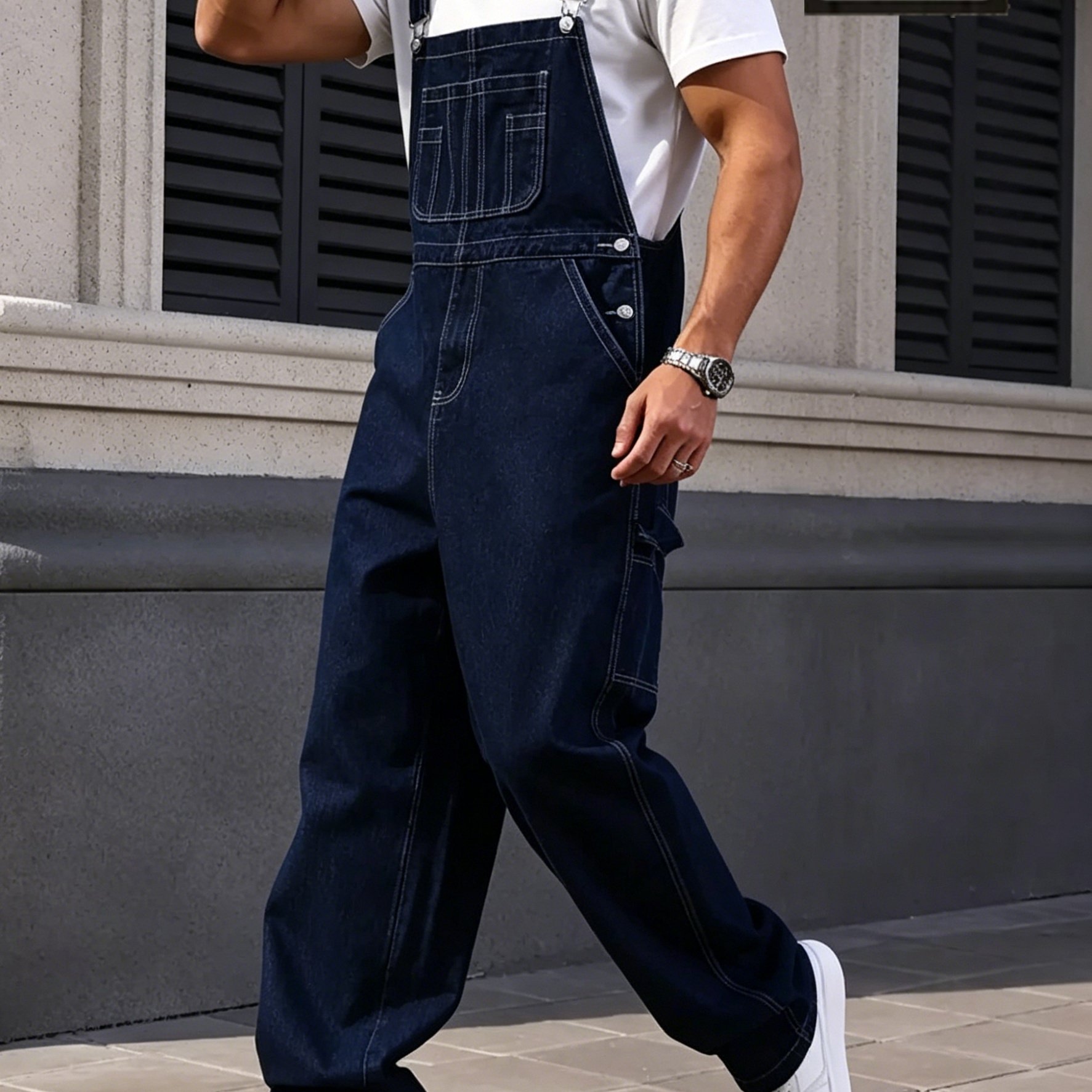 Hmemen's Plus Size Streetwear Denim Overalls, Dark Blue Loose Workwear Jumpsuit