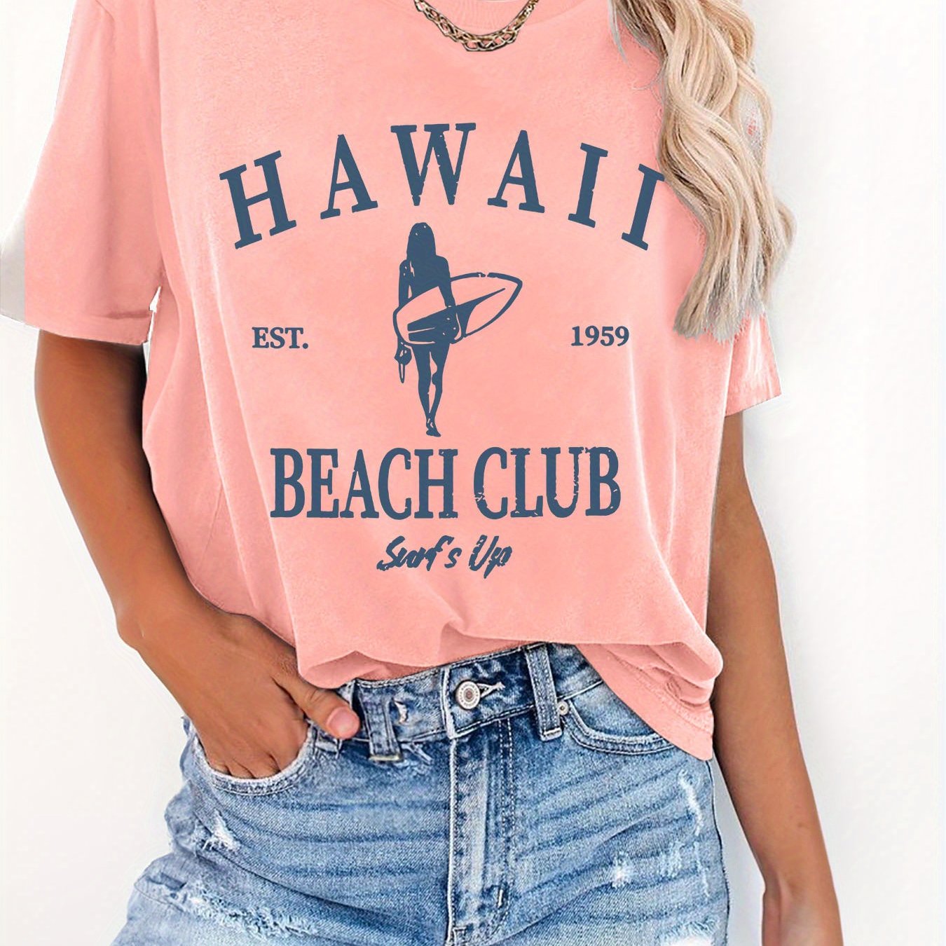 Image of Hawait Women's Casual Short Sleeve Crew Neck T-shirt - Soft Pink Hawaiian Surf Club Graphic Print With Surf's , Machine Washable Summer & Spring Top, Beach Vacation Apparel, Relaxed Fit Shirt