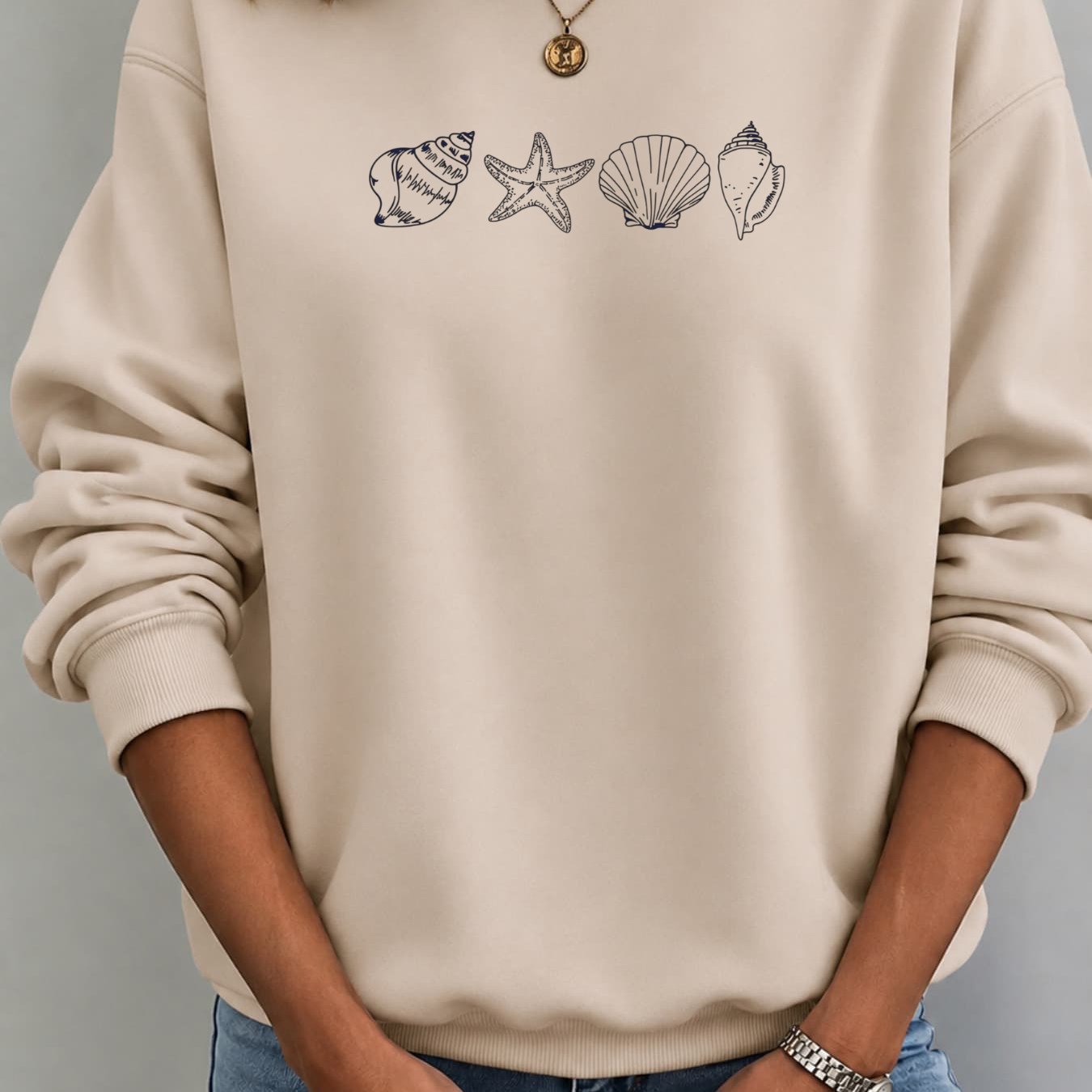 Image of Autumn/winter New Pullover: Women's Loose Fit Casual Crew Neck Sweatshirt With Shell And Starfish Print, Breathable & Comfortable For Daily Wear Or Lounging