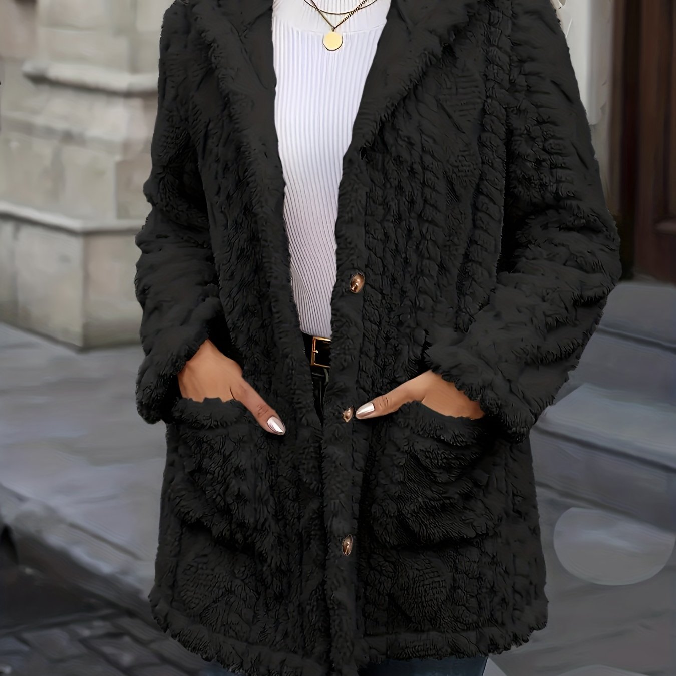 Image of Plus Size, Women's Elegant Hooded Winter Coat - Teddy Bear Plush Jacket, Beige/black, Machine Washable Cold Weather Outerwear With Front Pockets For Fall & Winter , Sophisticated Design
