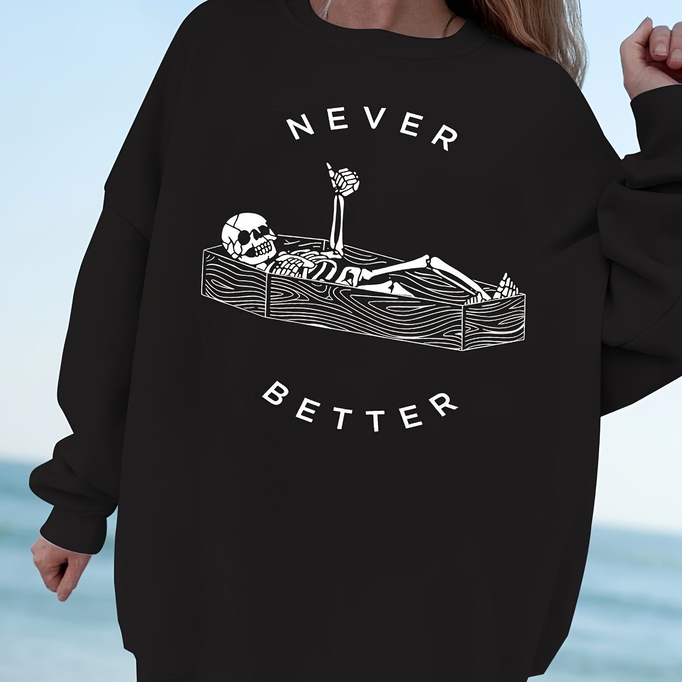 TEMU Plus Size & Skull Print Sweatshirt, Casual Long Sleeve Crew Neck Pullover Sweatshirt, Women's Plus Size Clothing