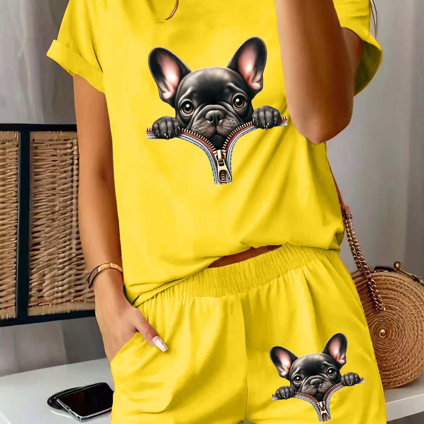 TEMU 2pcs Women's Summer Short Sleeve Set - Cute Frenchie Print, Fun Pattern Short Sleeve And Shorts Outfit, Comfortable Soft Breathable Athletic
