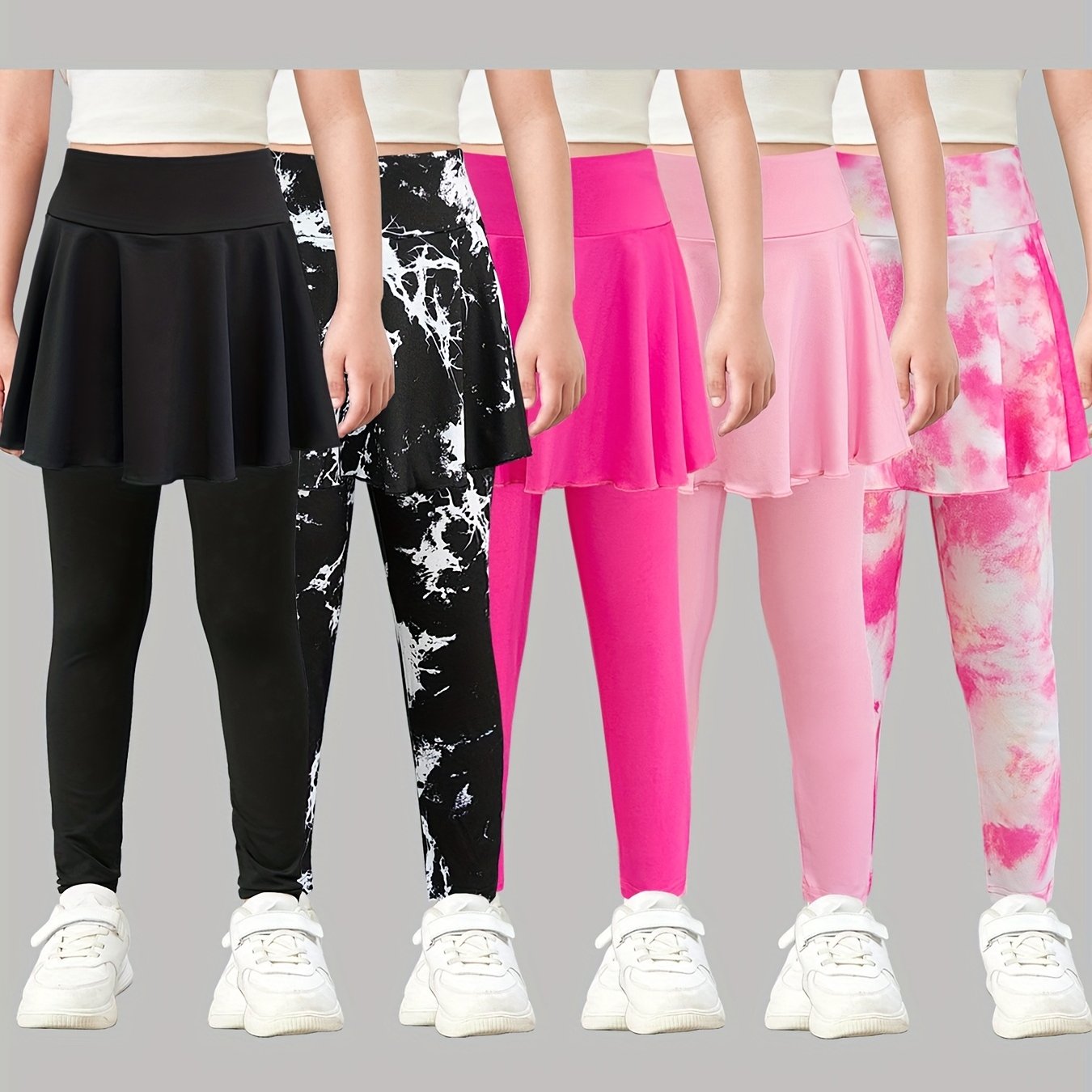 Image of Girls' Size 110-150 Fashionable Spring Everyday Sporty Solid Color Tie-dye High-waisted Slim Fit Pleated Leggings Skirt Pants Five-piece Set