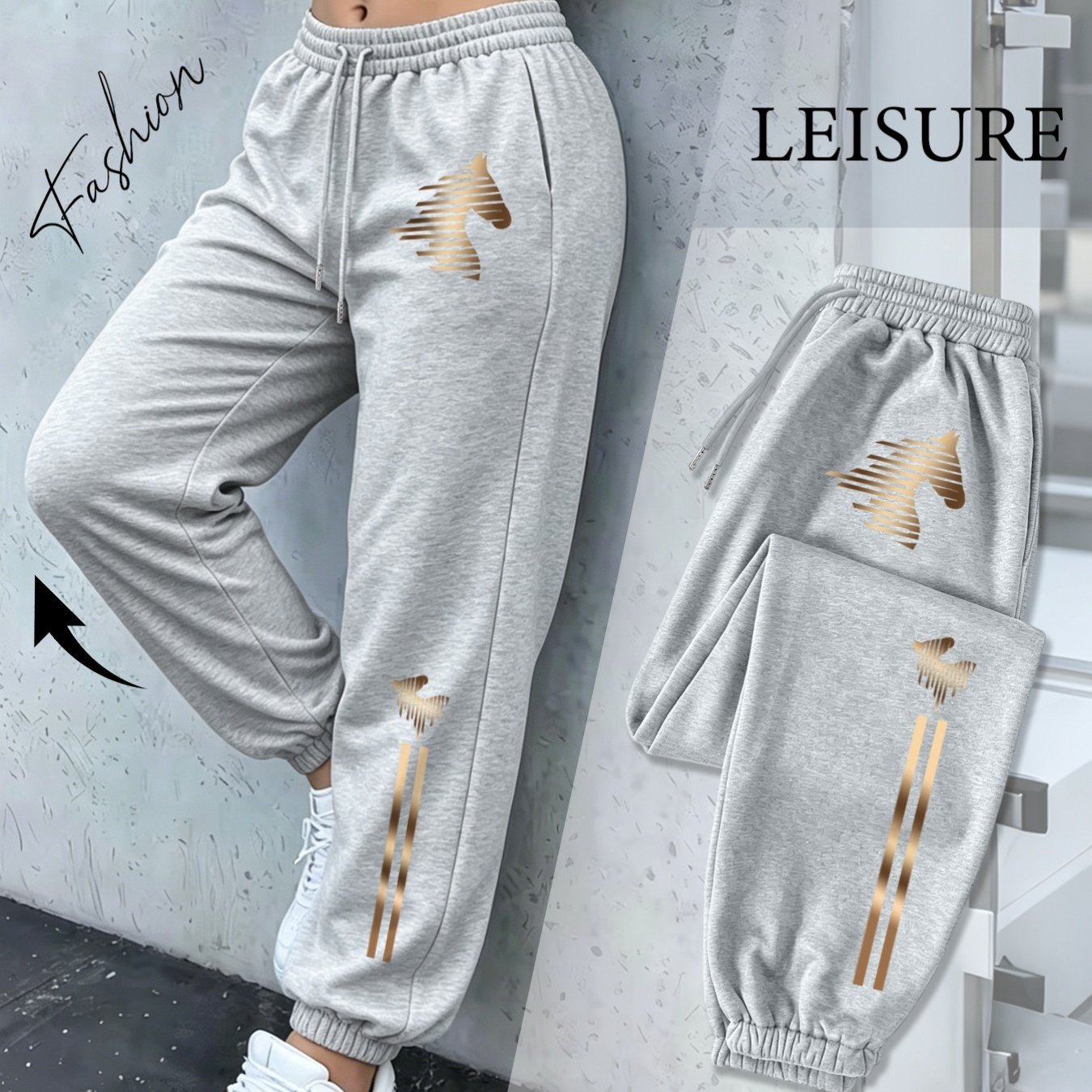 Image of Women' Plus Size High-waisted Jogger Pants Head Print & Double Golden Stripe - Wide- Trousers Suitable For Running, Gym, Casual Wear, Machine Washable Luxury Athletic Pants