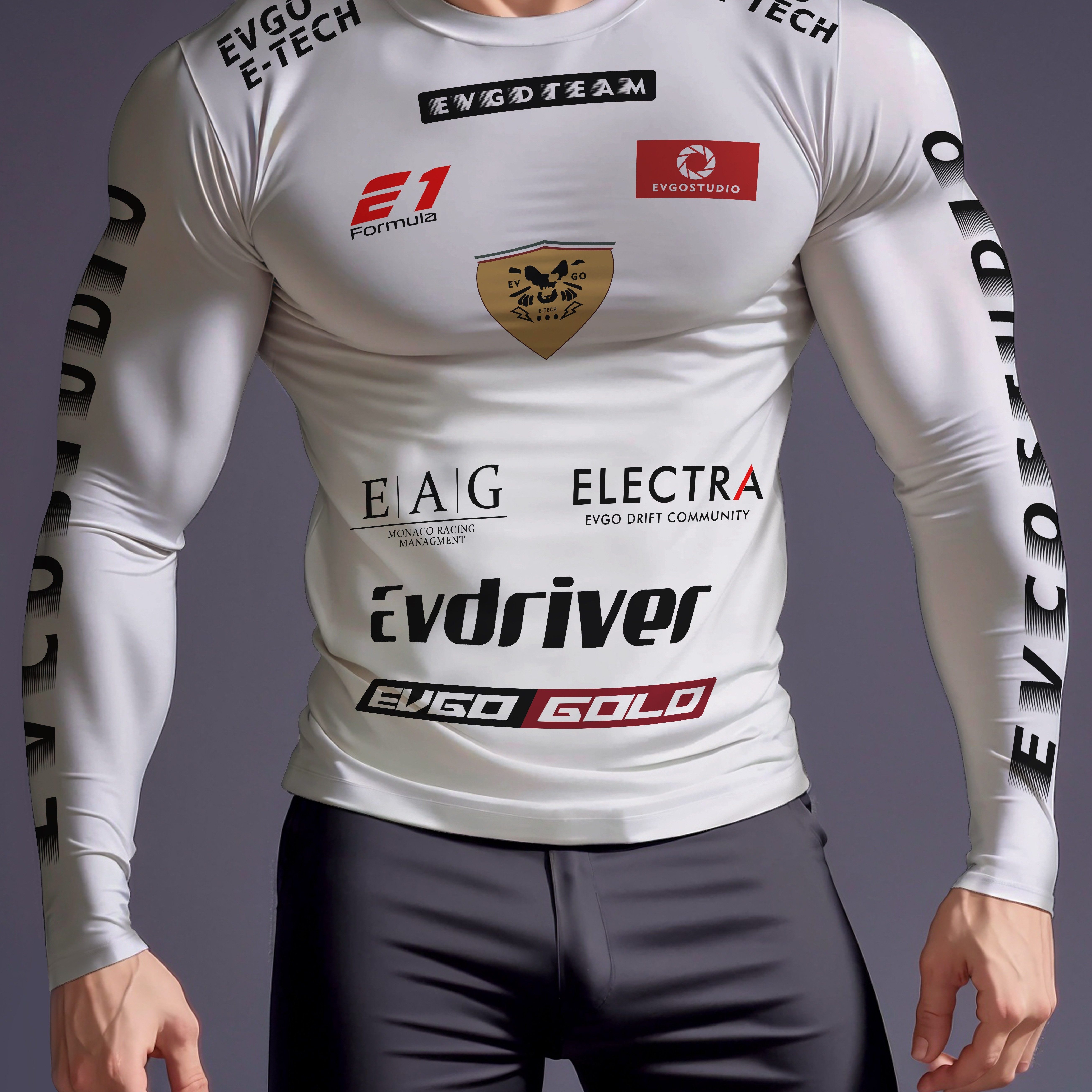Racing Printed High Stretch Tight Fit Long Sleeved Round Neck T-shirt For Fitness And Stretchy Men's Sports Fashion