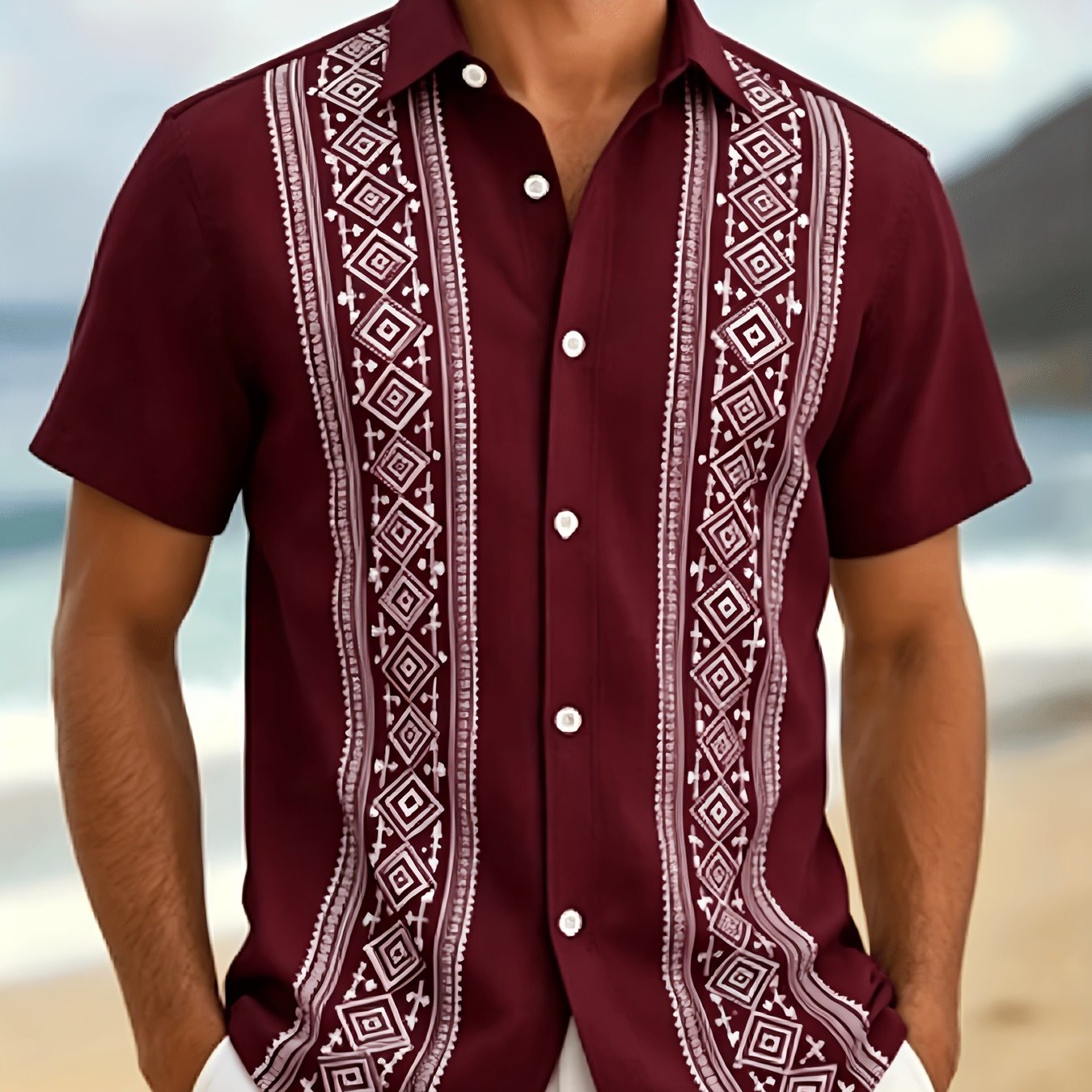 TEMU [print Design â Not Textured] Latest Geometric Floral Pattern Print Short Sleeve Collared Shirt, Summer Trendy Style, Retro Floral Theme Design