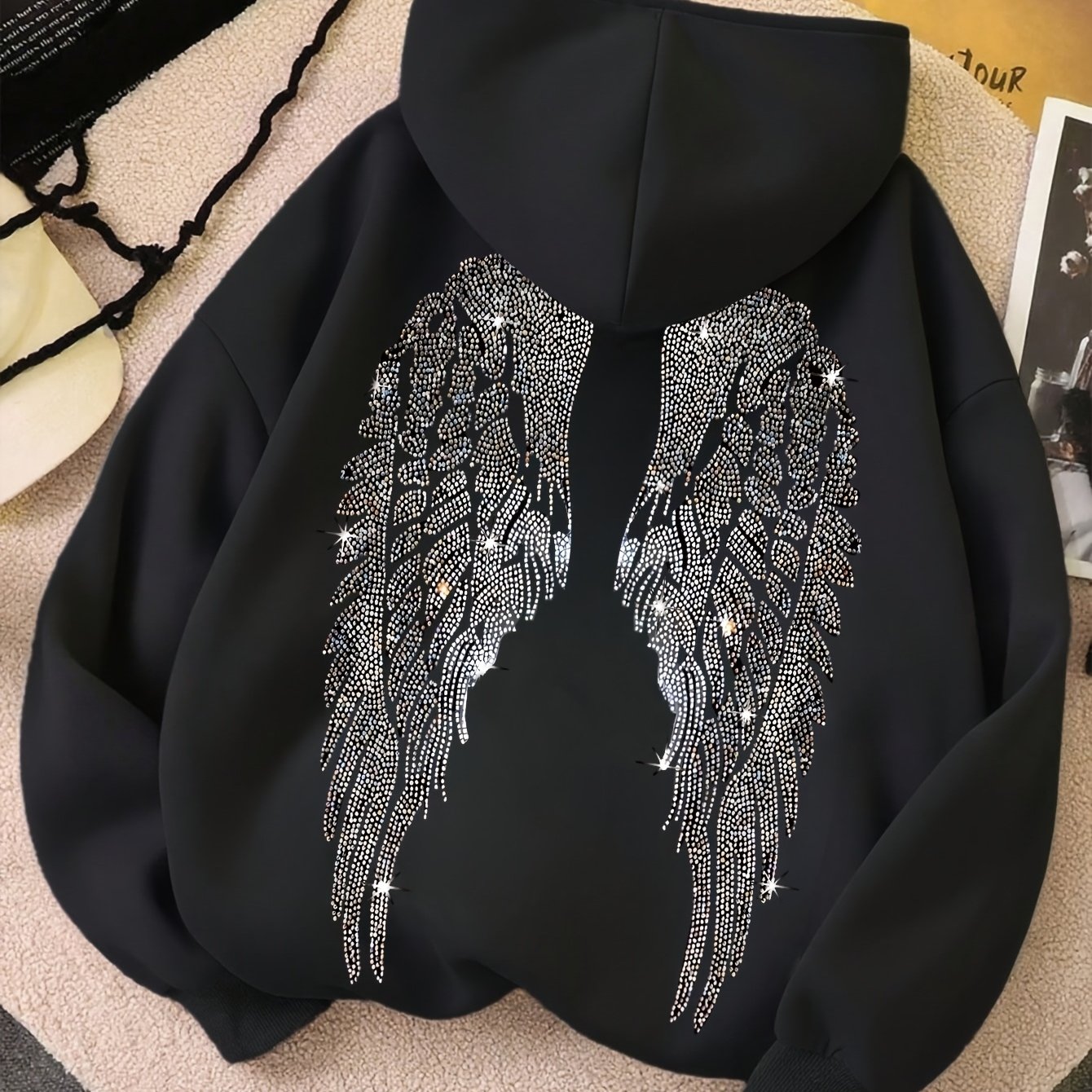 Fashion Trend Versatile Commuter Graphic Print Hoodie, Drawstring Casual Hooded Sweatshirt For Winter & Fall, Women's Clothing