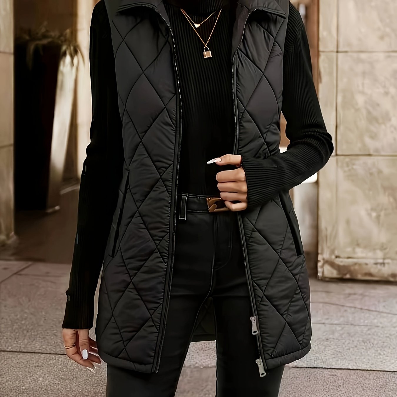 TEMU Women's Autumn Winter New Collar Mid-length Diamond Quilted Pocket Vest Double Zipper Sleeveless Warm Casual Jacket Cardigan
