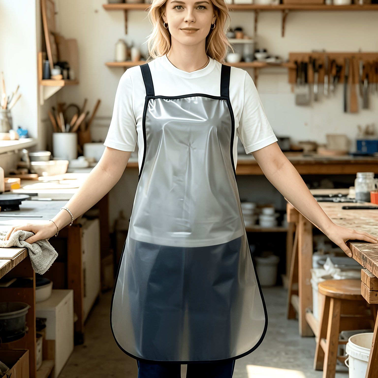 TEMU 1pc Of Simple Long Semi-transparent Apron For Men And Women, Sleeveless Full-coverage Work Apron, Suitable For Kitchens, Aquatic , Households,