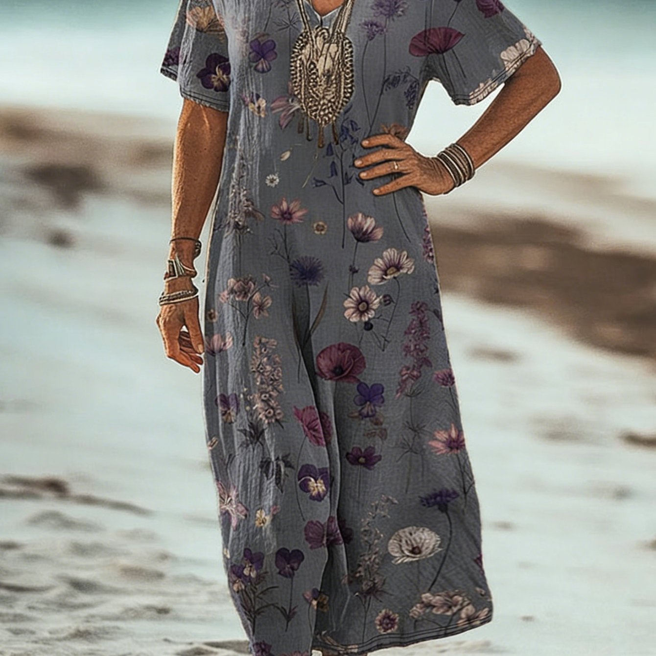 Image of Plus Size Women's Vintage Gray Purple Floral Print V-neck Short Sleeve Maxi Dress Summer Loose Casual Long Dress For Beach Vacation Boho Style
