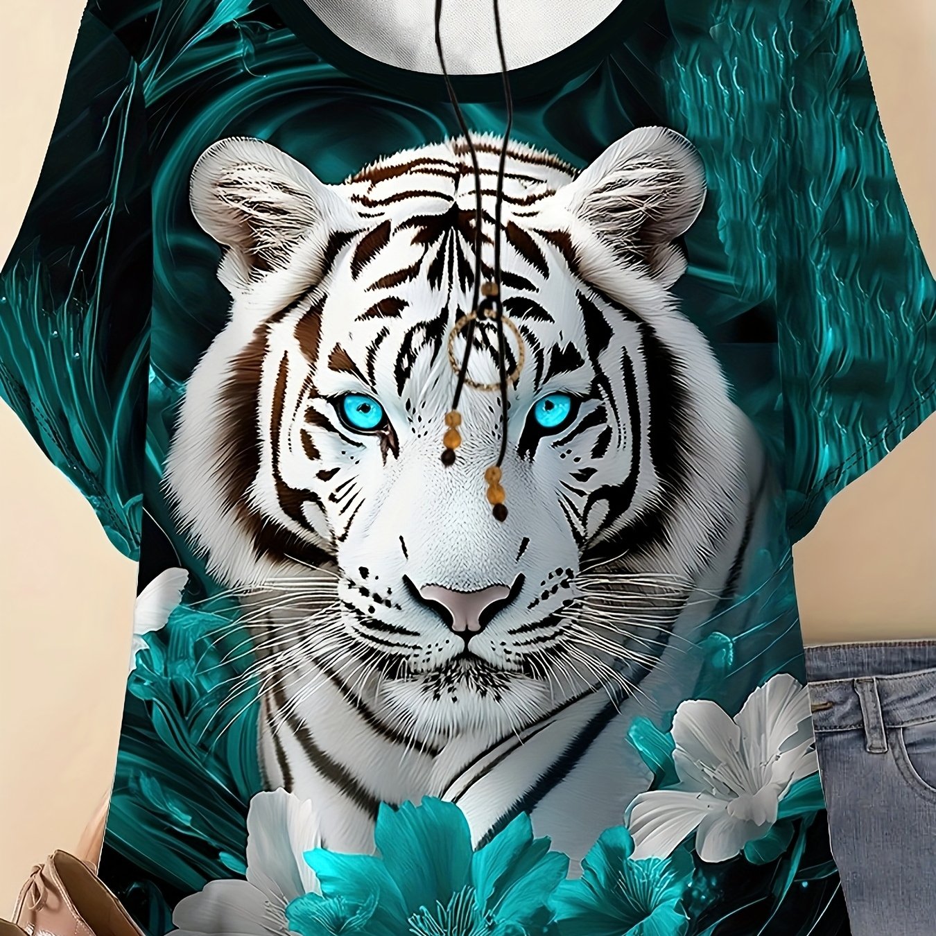 TEMU Plus Size - Women's Plus Size Casual T-shirt, Short Sleeve With Tiger Print, Round Neck, Lightweight, Summer Clothing Fun Animal Design, Women's