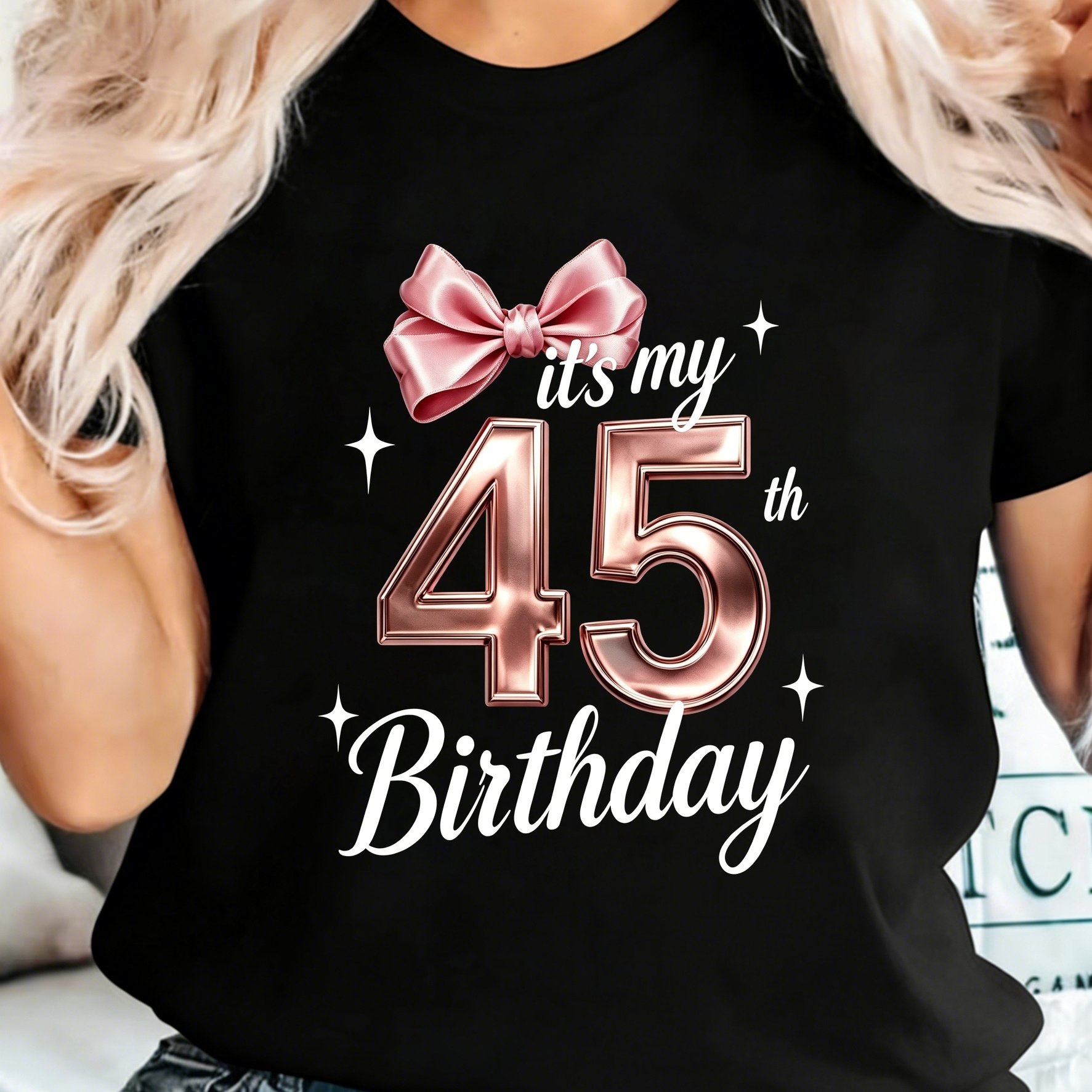 TEMU Women's 45th Birthday T-shirt - Rose Golden " My 45th Birthday" Numbered Top With Pink Bow Print, Loose Fit Round Neck Short Sleeve -compatible
