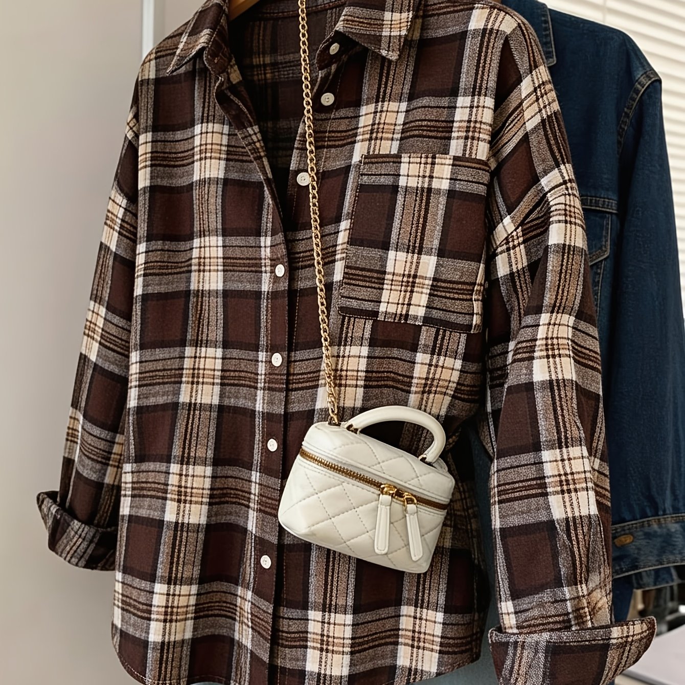 TEMU Women's Spring Summer New Checkered Printed Lapel Long Sleeve Loose Casual Fashion Shirt