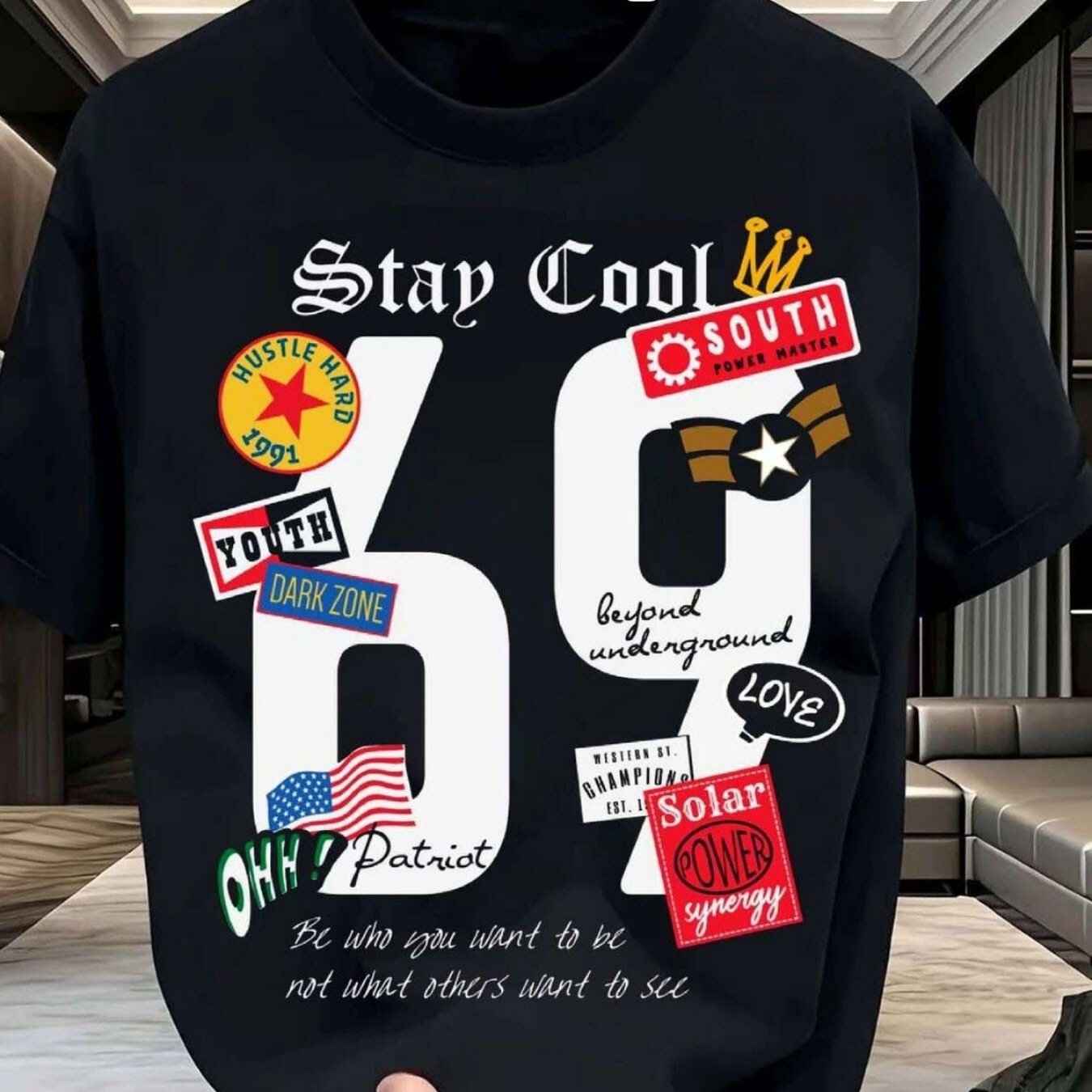 Image of Men's Heavyweight 100% Retro 90s Hip-hop T-shirt | Vintage 96 & '69' Number 69 Graphic Print, Regular -season Streetwear Gym Tee, Breathable Round Neck Casual Top For Urban Fashion & Music Size