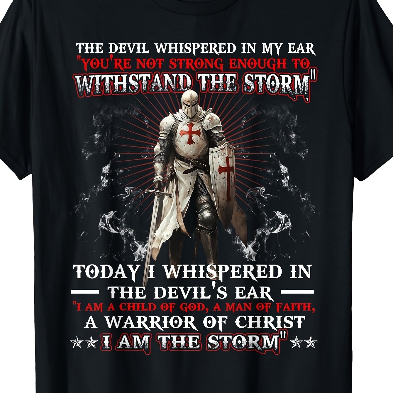 Image of Mens Christian Faith T-shirt - Knight Templar I Of God A Of Christ I Am Design With Knight & Cross Shield Graphic Comfortable Crew Neck Short Sleeve S