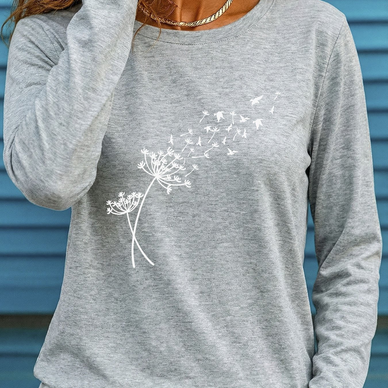 TEMU Athleisure Plus Size Women's Long Sleeve Round Neck T-shirt, Dandelion Bird Print Top, Dandelion Bird Pattern Long Sleeve Blouse Ii 1372