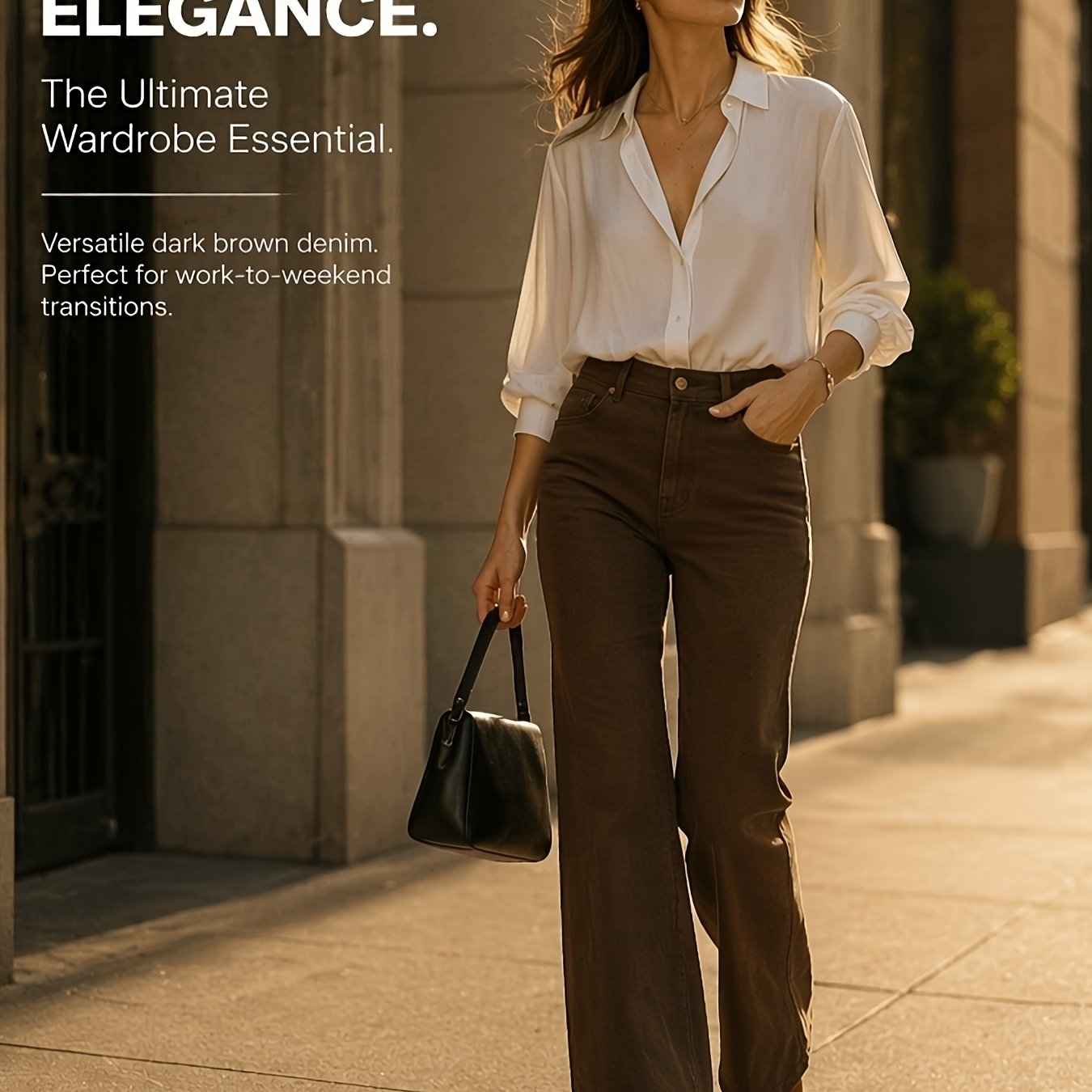 Women's Minimalist Dark Brown Wide Leg Jeans, High-waist Extra Long Straight Leg Denim Trousers, Versatile Pants For Work-to-weekend Transitions, Office