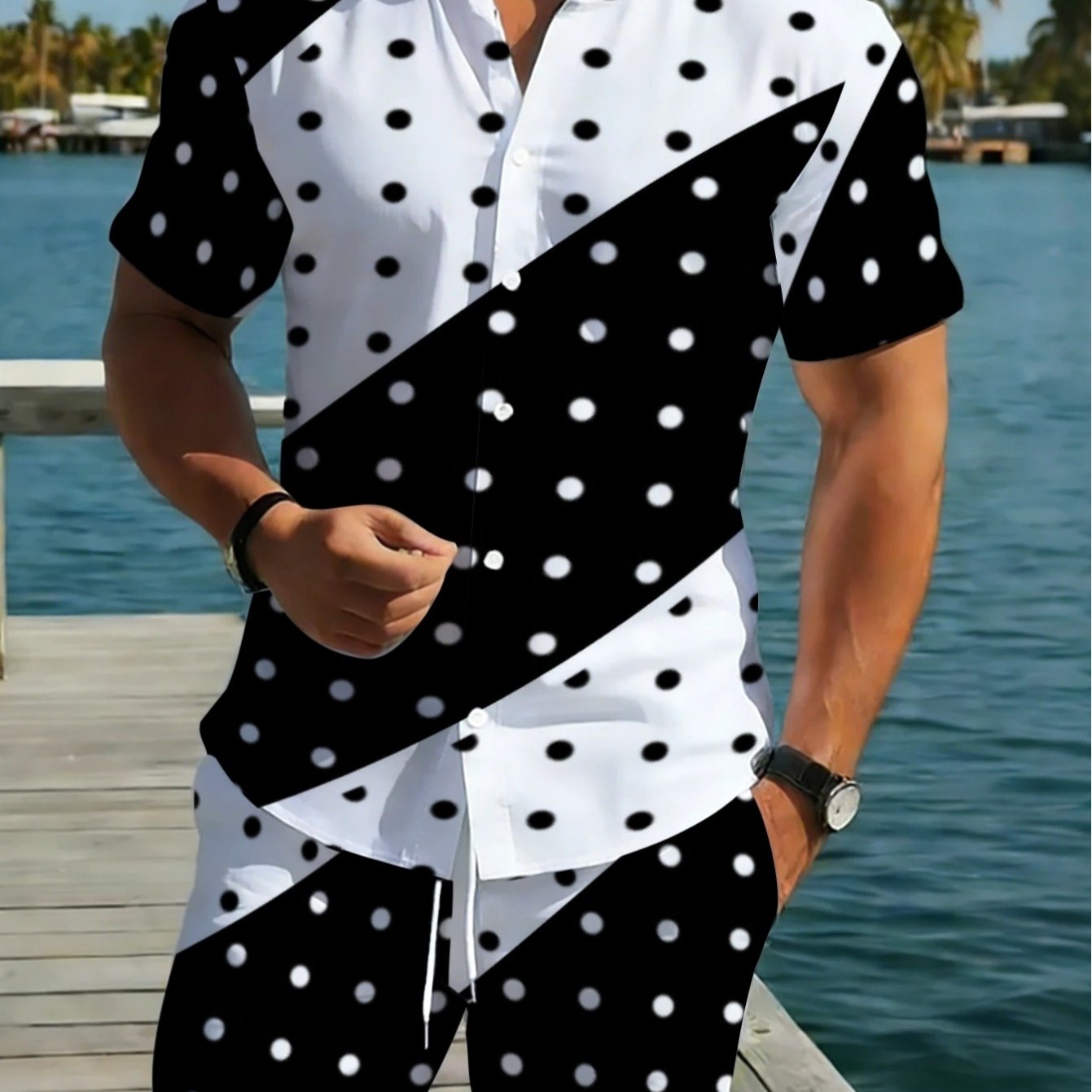TEMU New Summer Men's Polka Dot Shirt And Shorts, Lightweight Casual Outfit, Suitable For Parties, Black And White Polka , Comfortable And Durable,