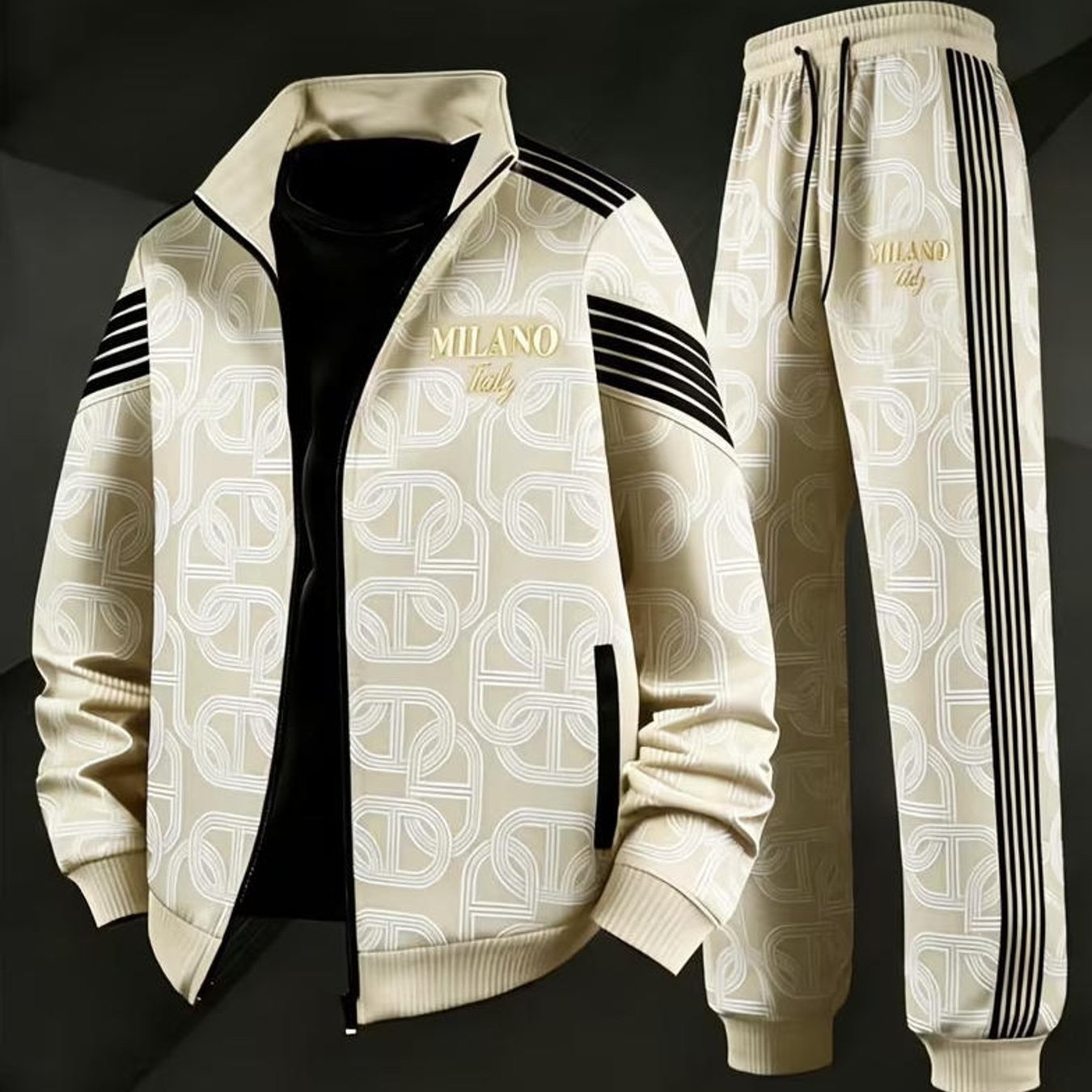 TEMU Men's Plus Size Style Trendy Italy Geometric Chain Print Full Zip Track Suit Casual Sportswear For Adult Men Holiday Gift Daily Wear
