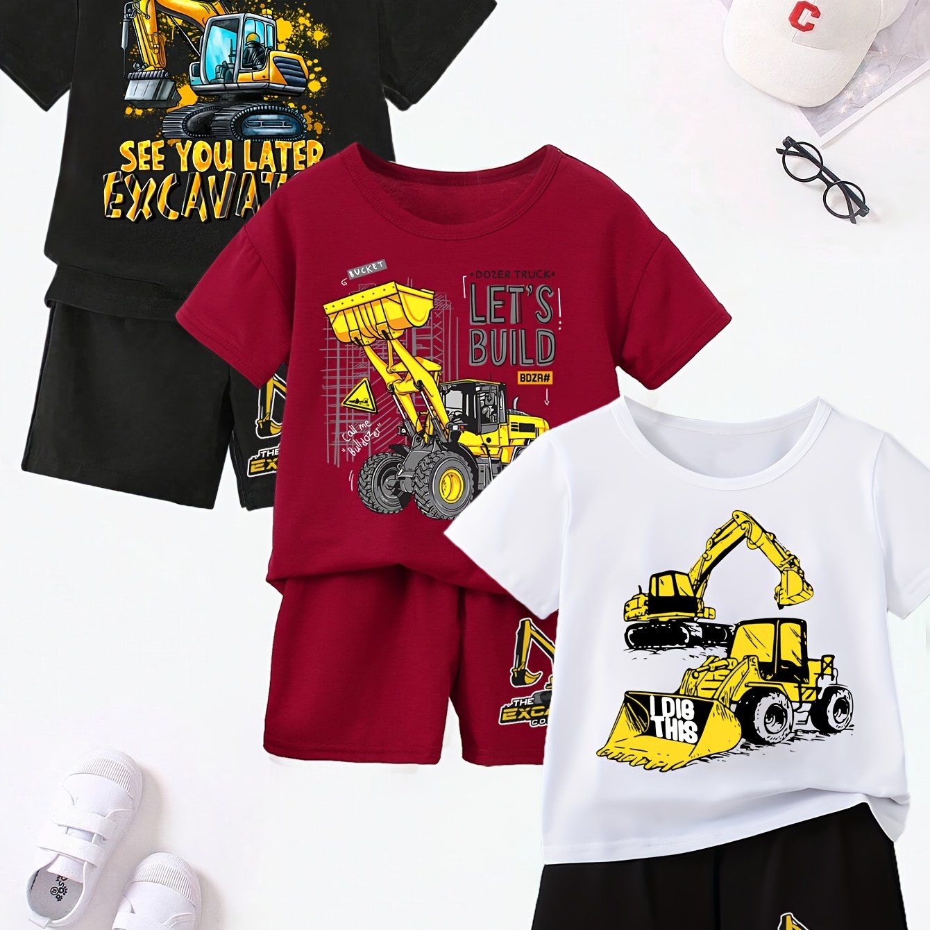 Image of 3-pack Shorts And T-shirt Set, Summer Boys' Fashion Shorts And Short-sleeve Set, Multi-pack Set, Excavator Series Print, Cute Children's Short-sleeve T-shirt And Shorts Casual Set