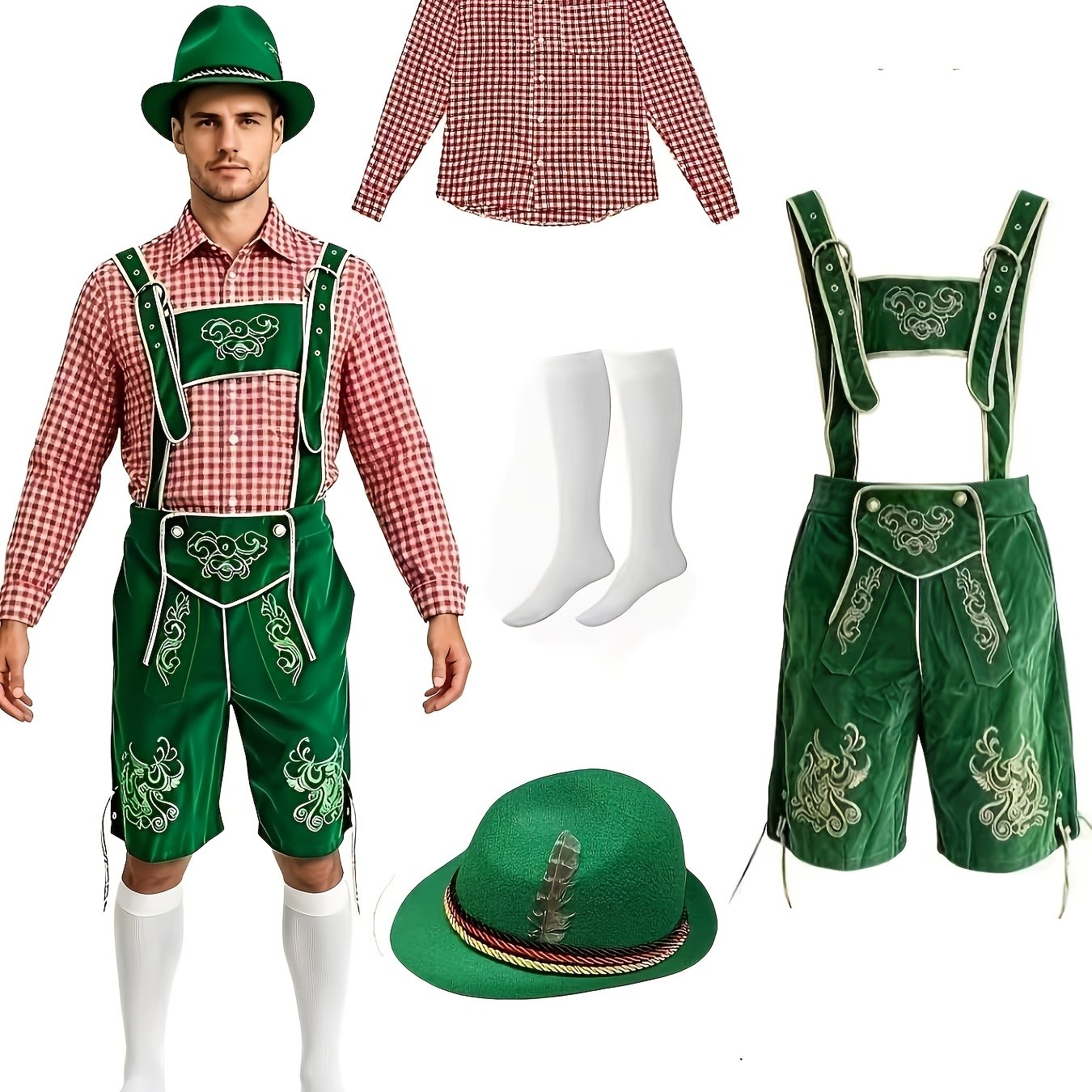 Oktoberfest kostumski za odrasle moške [majica, klobuk, naramnice, nogavice do sredine meča], zabavna münchenska Oktoberfest bavarska ljudska