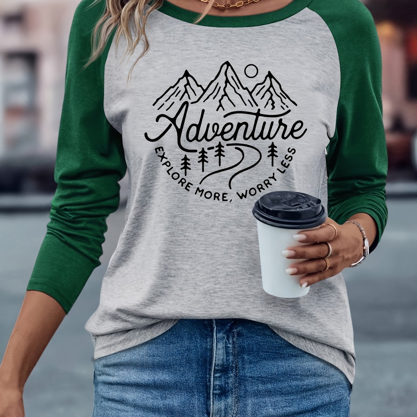 TEMU Women's Raglan Sleeve T-shirt With Adventure Pattern Print