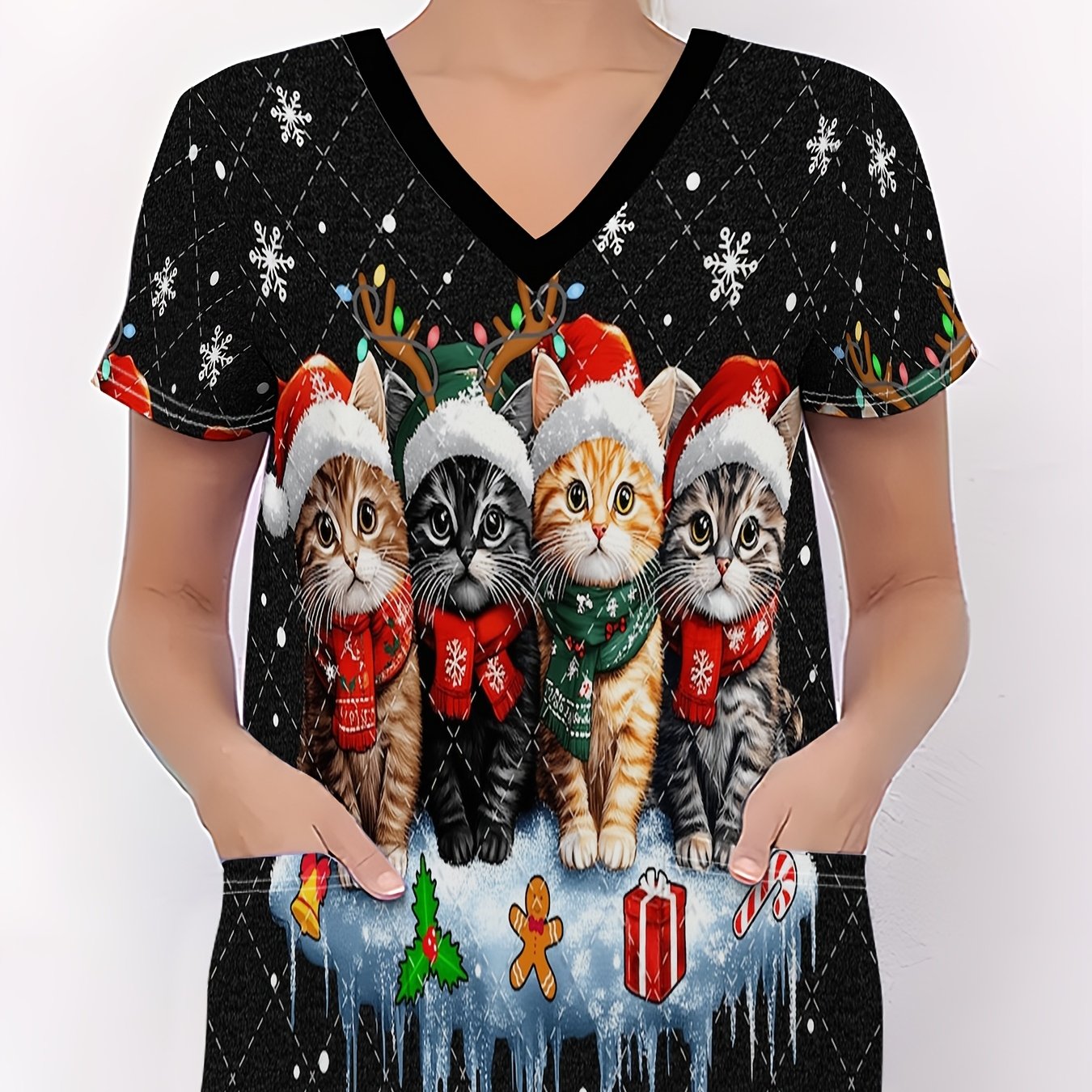 TEMU Uniforme d'infirmière de Noël pour femmes, chat de Noël et amusant avec image, chaton portant chapeau et écharpe avec t-shirt imprimé de neige