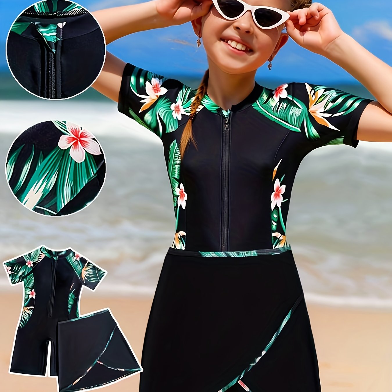 TEMU Girls' Romper And Skirt 2pcs Set, Tropical Print Pattern, Zipper Closure, Beach Vacation Outfit Swimming Pool