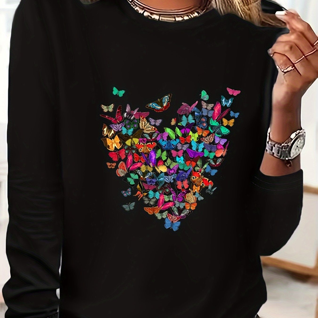 TEMU Heart Neck T-shirt, Casual Long Sleeve Top For Spring & Fall, Women's Clothing