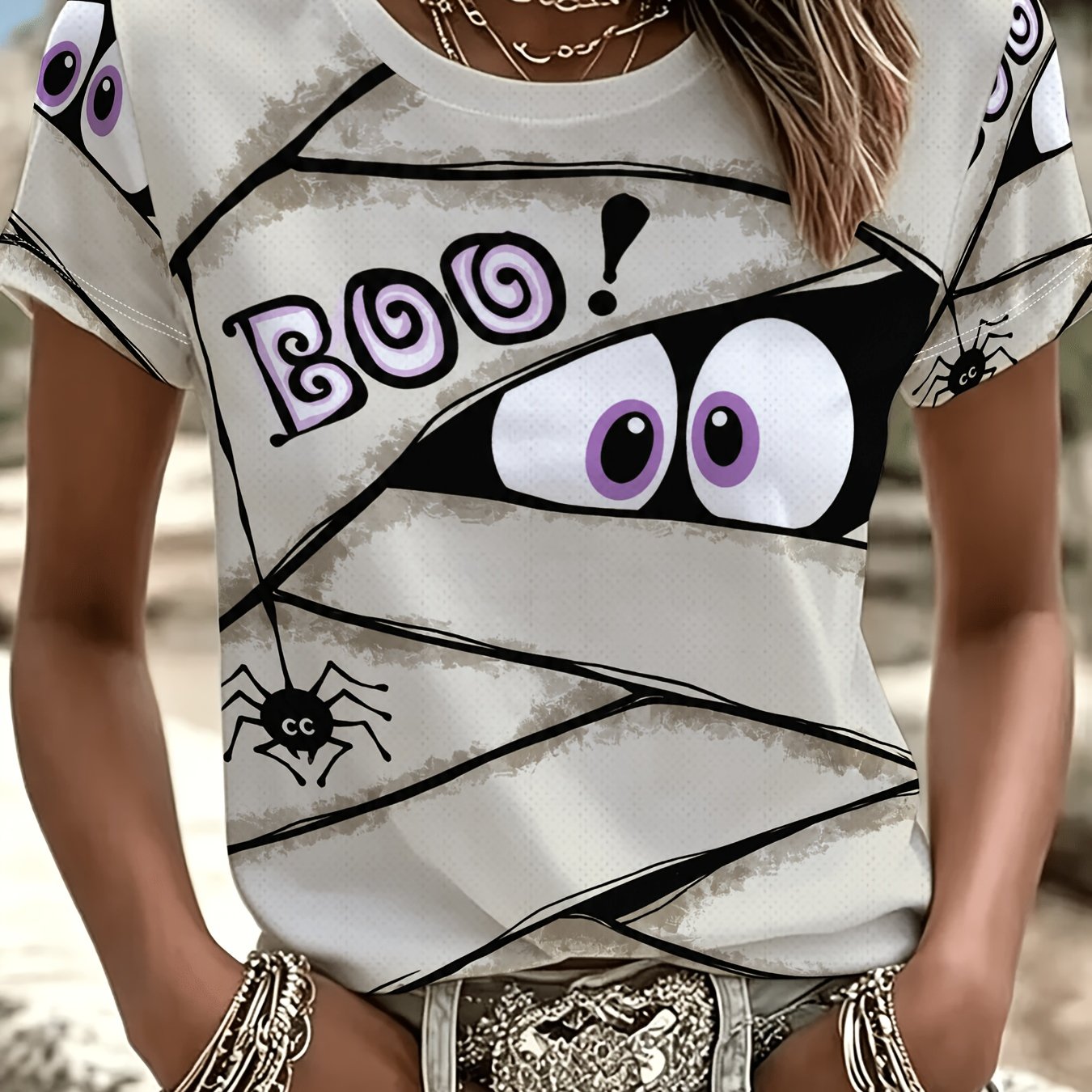 TEMU [printed Design- Non-textured] Abstract Geometric Animal Spider Print Halloween Costume T-shirt, Fashionable Casual Top, New Women's Holiday