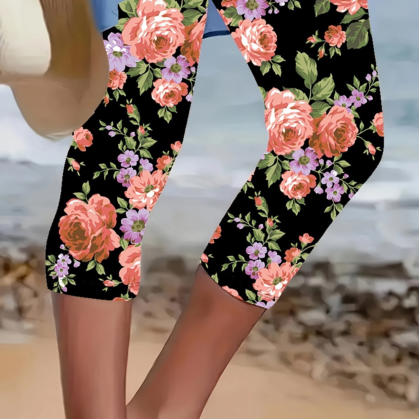 TEMU Plus Size, Women's Elegant Slim-fit Capri Pants With Elastic Waist - Plus Size Flower Print Capris, Narrow Casual Pants Suitable For - Wear,