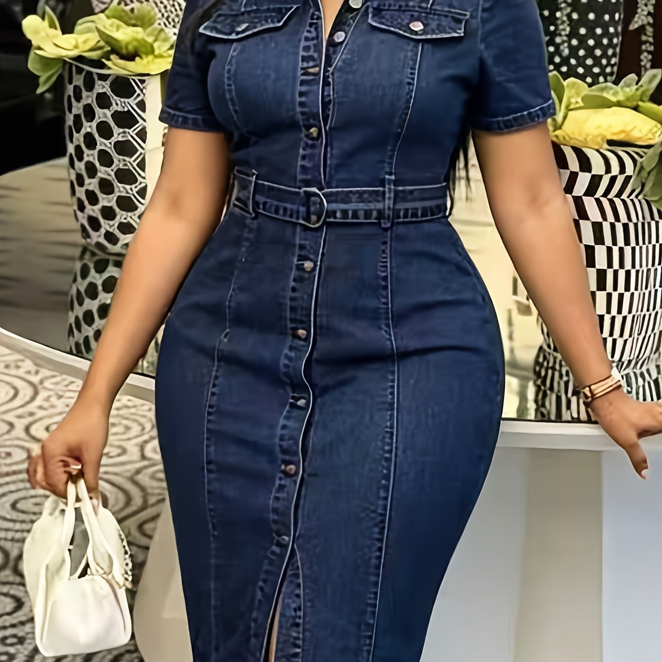 TEMU 2026 European-style Sexy And Lady Denim Full-skirt Dress. Elegant -neck Short-sleeved Denim Skirt With High And Fitted Full-skirt. Elastic