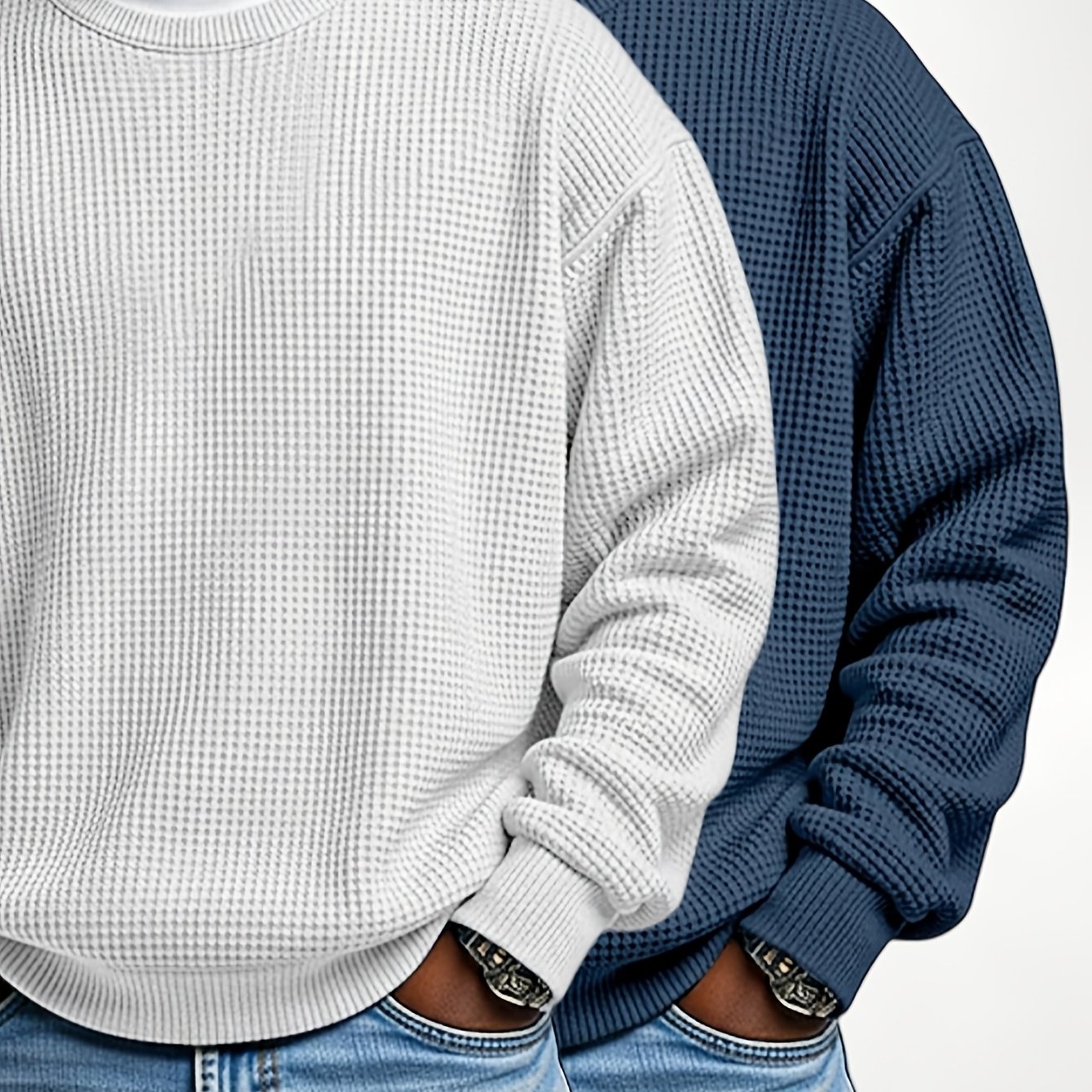 Image of 2pcs Men's Waffle Knit Sweatshirts, Solid Crew Neck Pullover Hoodies, Waffle Textured Sweater, Loose Fit Shirt, Daily Wear Long Sleeve Casual Tops Outfit Blouse For Outdoor Sports