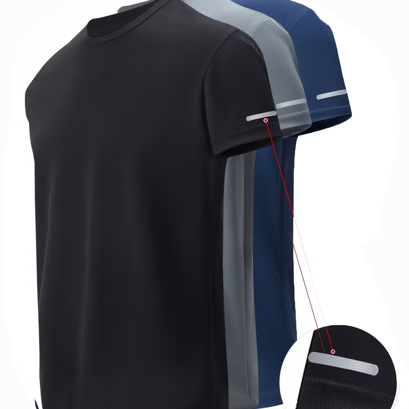 TEMU Lot de 3 T-shirts Homme Séchage Rapide Couleurs Assorties (Noir, Gris, Marine) - T-shirt à à Bandes Réfléchissantes, Coupe Standard, Respirant,