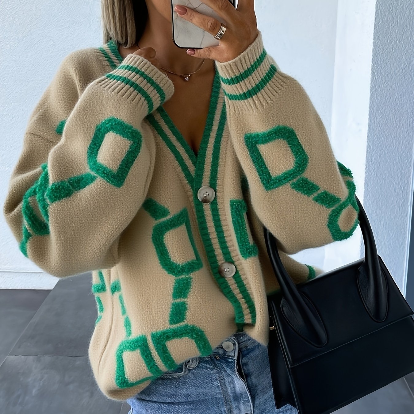 Image of Women's Cardigan, V-neck Single-breasted Sweater, Loose Autumn/winter Sweater Outerwear Top