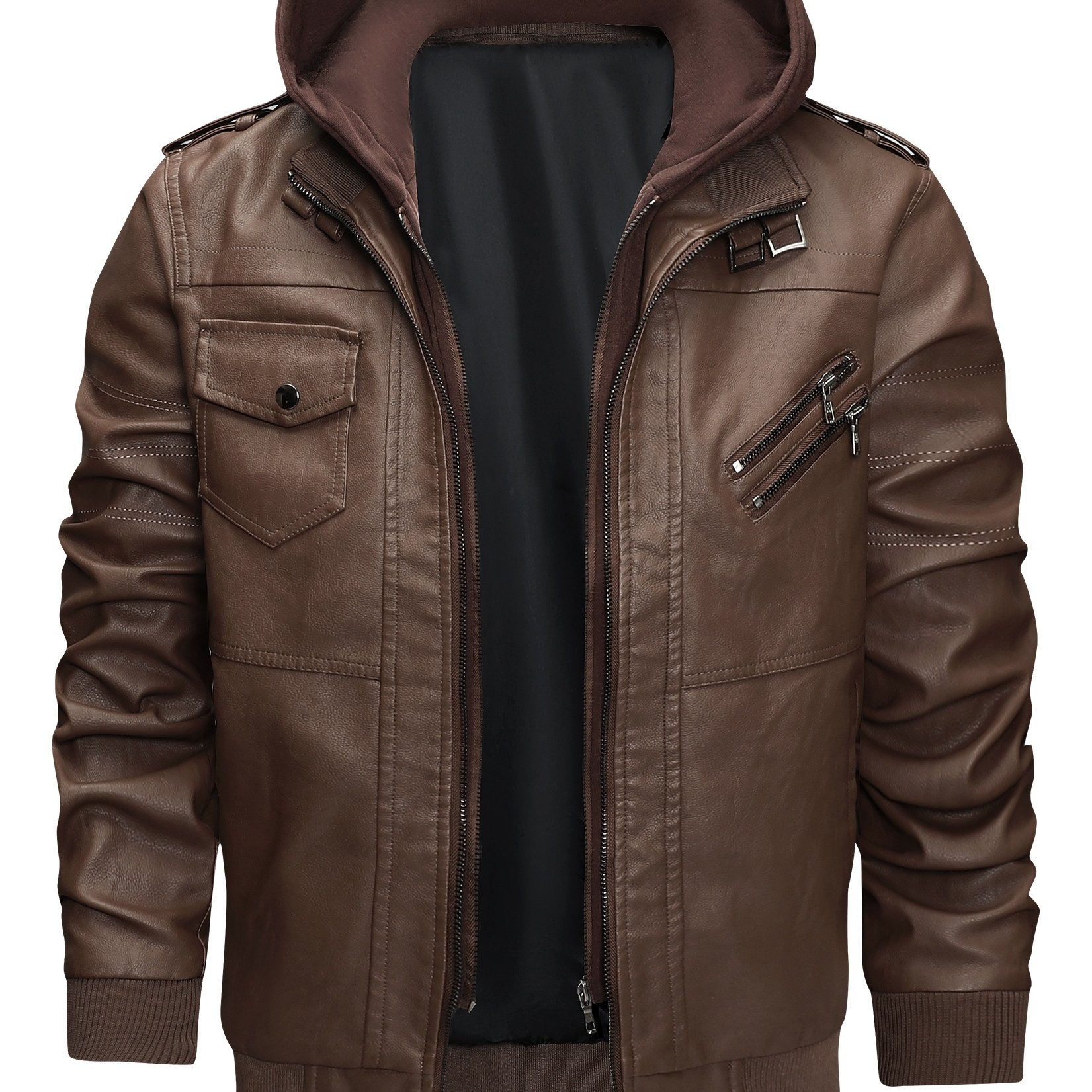 TEMU Men's Stylish - Motorcycle Jacket - Casual Hooded Outerwear With Zip Closure, Machine Washable (belt Included)