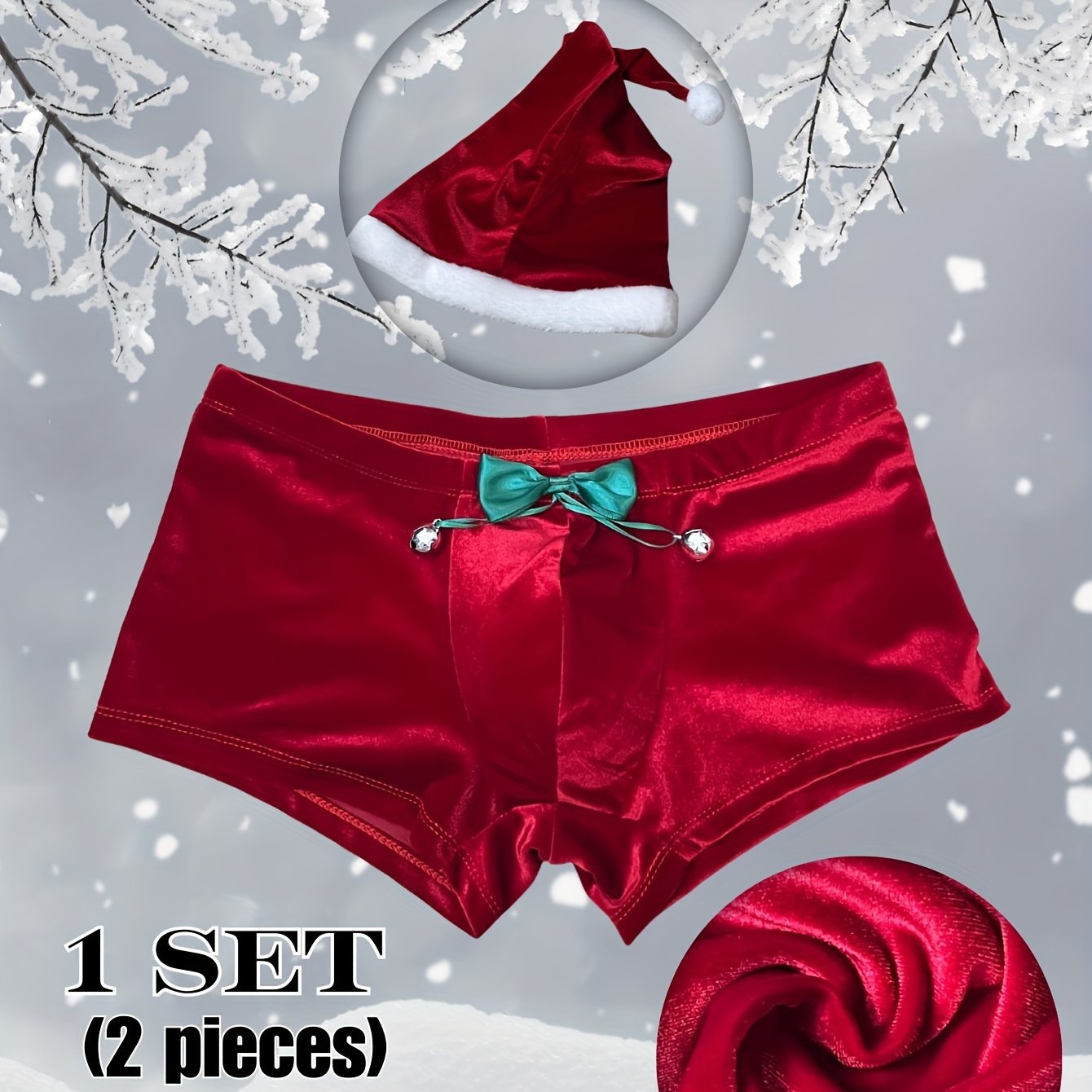 TEMU Christmas Hat Gift Set: Men's High-quality Velvet Sexy Christmas Underwear, 1pc Pc, Bow And Bell Christmas Underwear, Includes A Free Santa Hat.