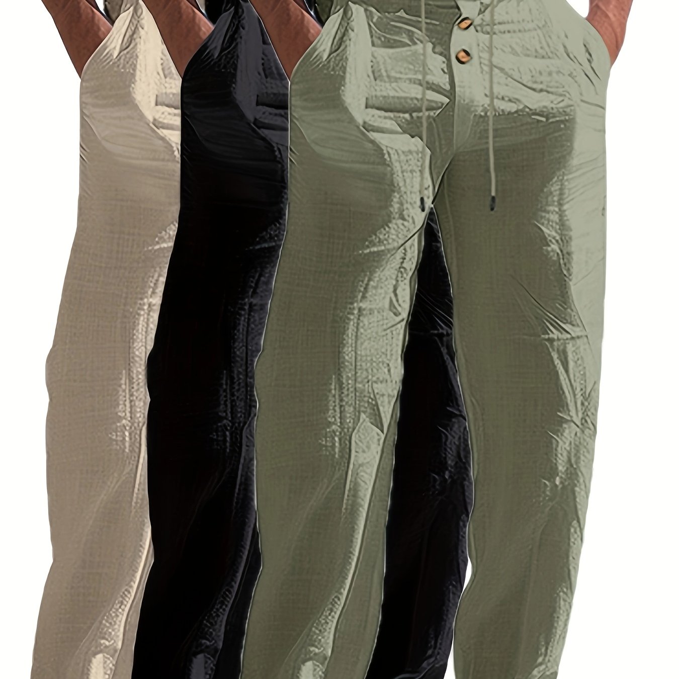 TEMU 3pcs Men's Casual Long Pants Lightweight Linen Woven Straight Trousers Outdoor Sports Breathable Solid Color Beach Pants