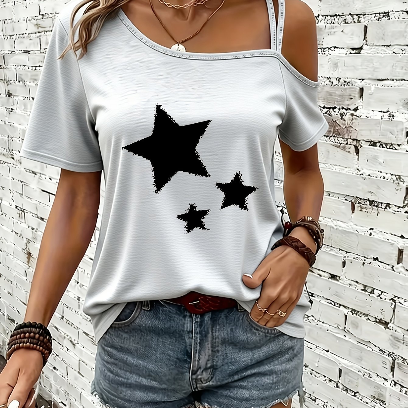 TEMU Women's Short Sleeve, Women's Casual Top, Style, Off-shoulder Cami Short Sleeve, Spring Summer Outing Style, Women's T-shirt