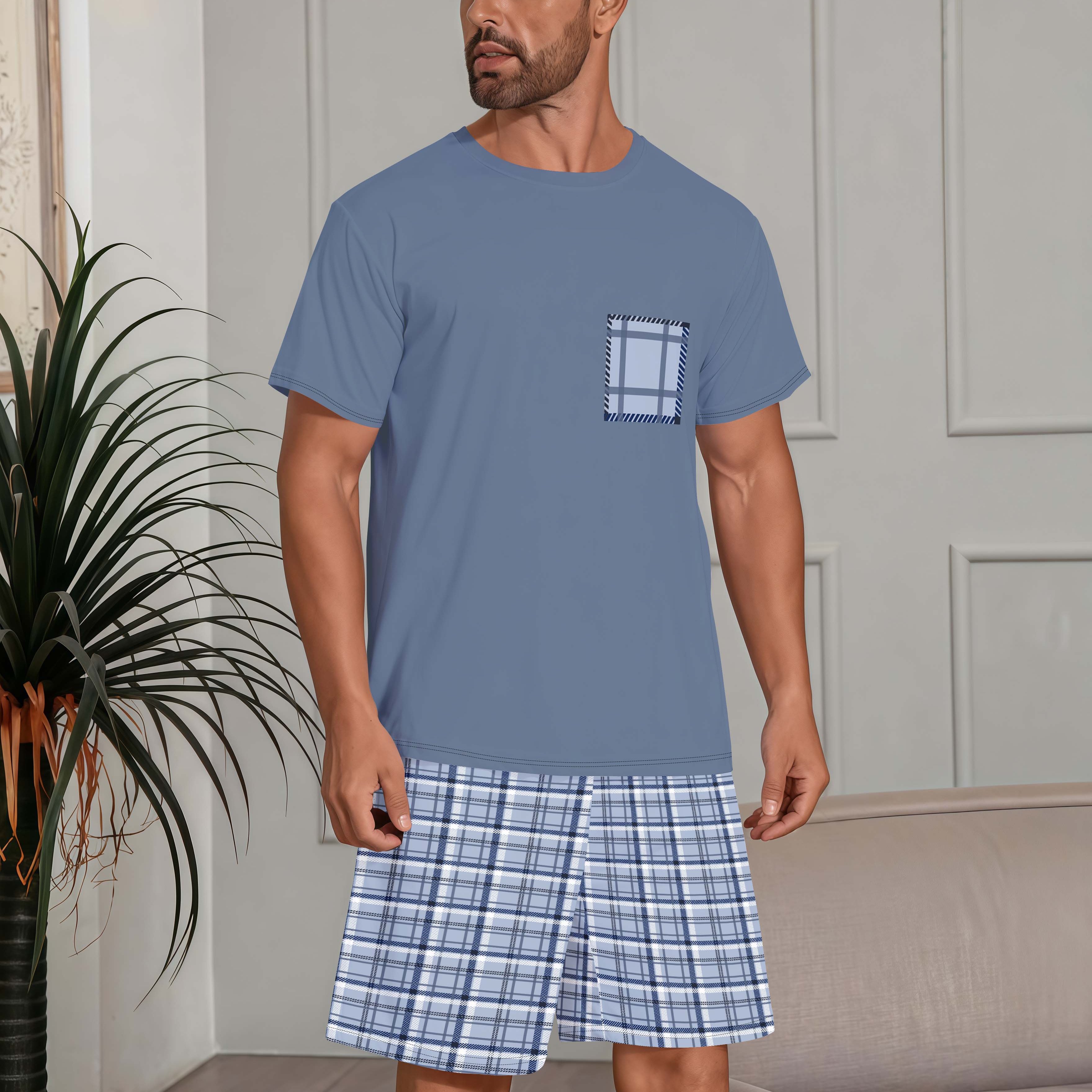 TEMU Men's Summer Pajama Set - Soft And Comfortable Print Short Sleeve T-shirt And Shorts, Wear For Family Or Outdoor, Short Sleeve, Pajamas